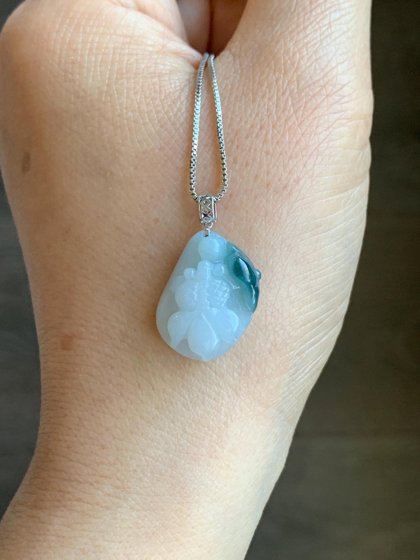 Natural Grade A Icy Translucent White & Dark Teal Blue Marbled Jadeite Carved Goldfish Lily Pad Pendant 18K White Gold 3g 天然冰飘蓝花翡翠金鱼满堂镶嵌吊坠