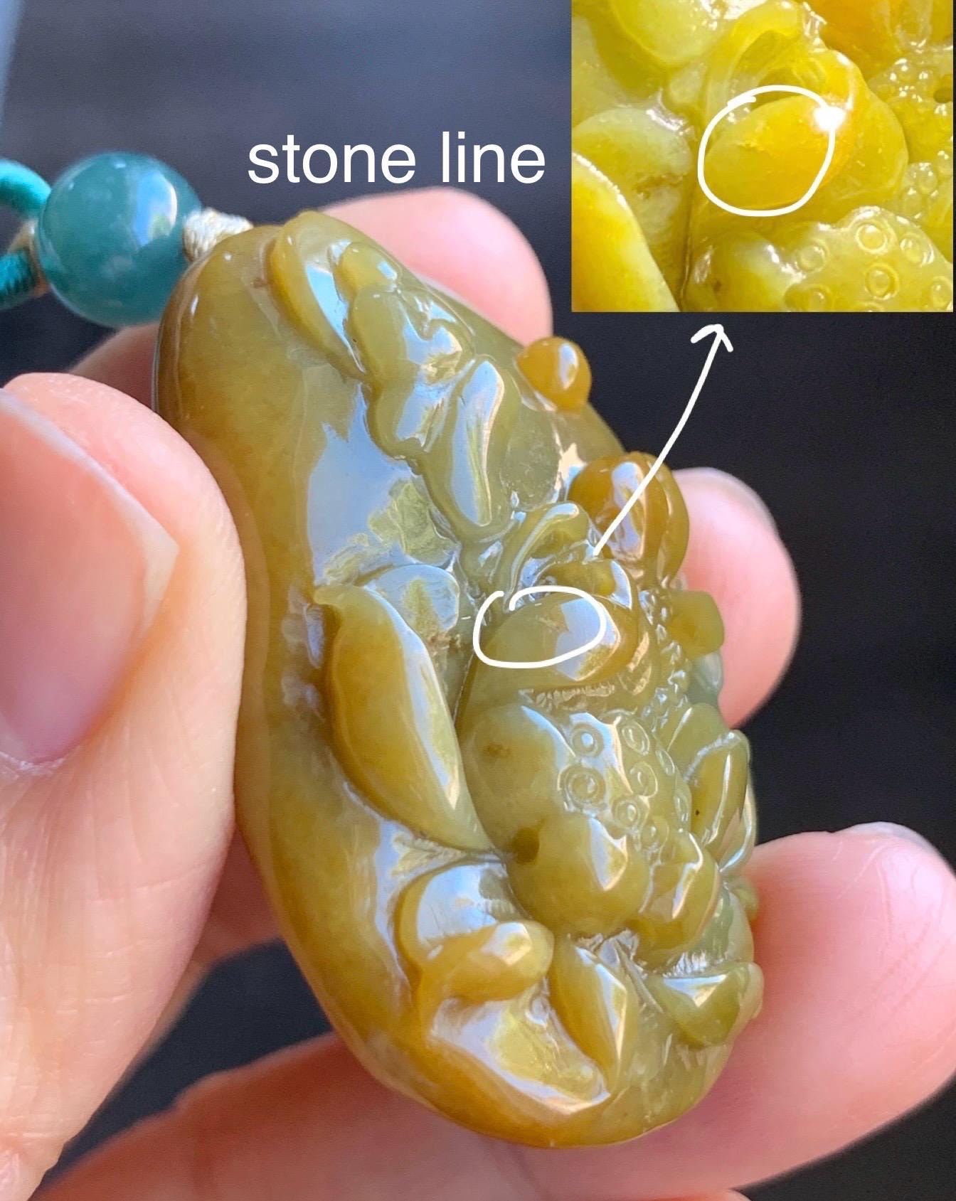 Natural Grade A Icy Translucent Intense Yellow Marbled Jadeite Lotus Flower & Chanting Monk Pendant Rope Necklace 25” 27g 天然冰危油黄翡翠梅花鹿吊坠挂件