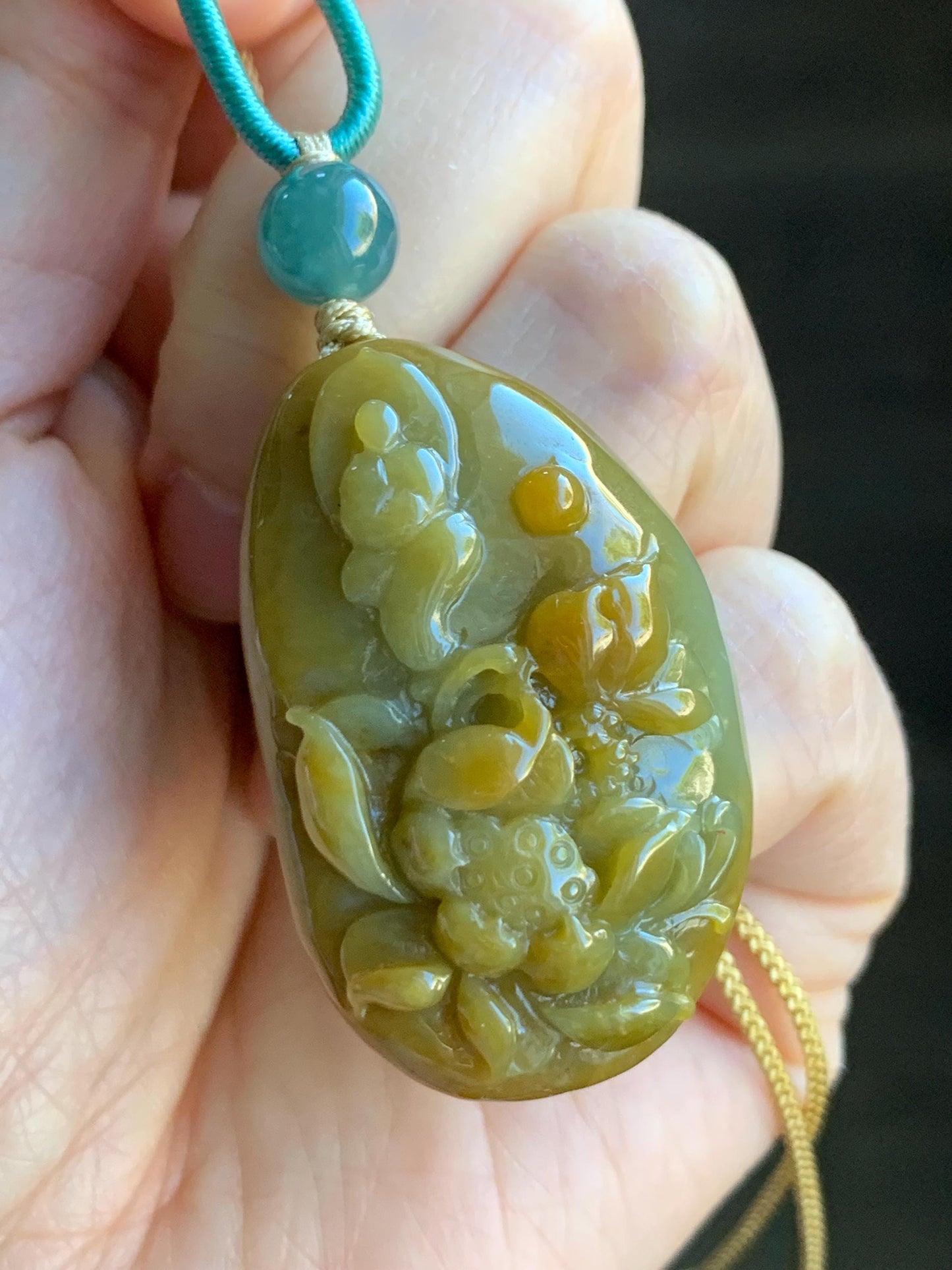 Natural Grade A Icy Translucent Intense Yellow Marbled Jadeite Lotus Flower & Chanting Monk Pendant Rope Necklace 25” 27g 天然冰危油黄翡翠梅花鹿吊坠挂件