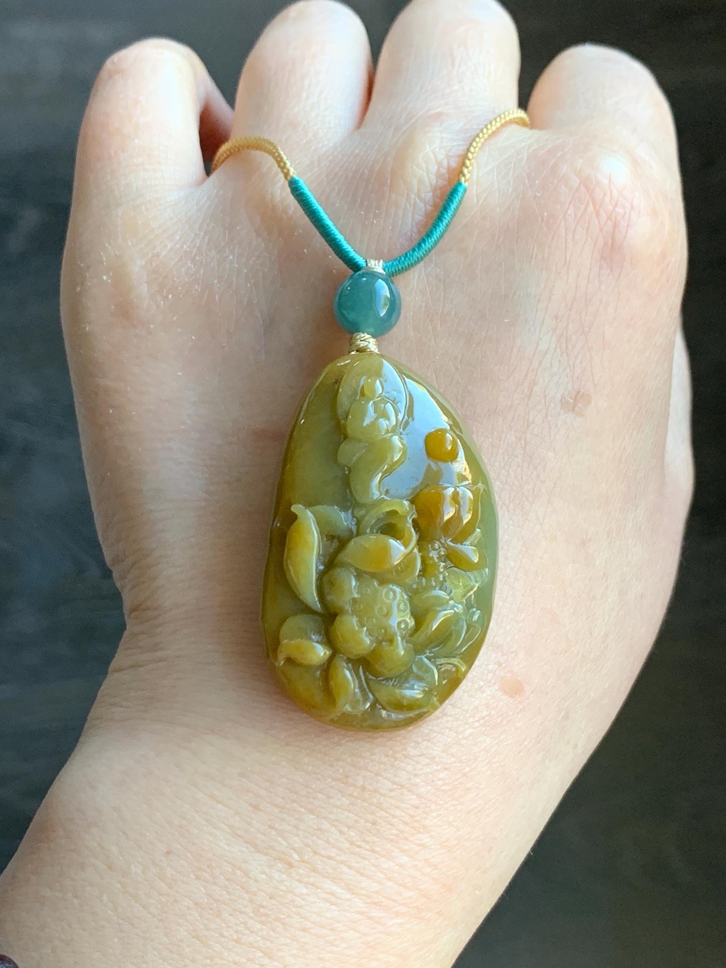 Natural Grade A Icy Translucent Intense Yellow Marbled Jadeite Lotus Flower & Chanting Monk Pendant Rope Necklace 25” 27g 天然冰危油黄翡翠梅花鹿吊坠挂件