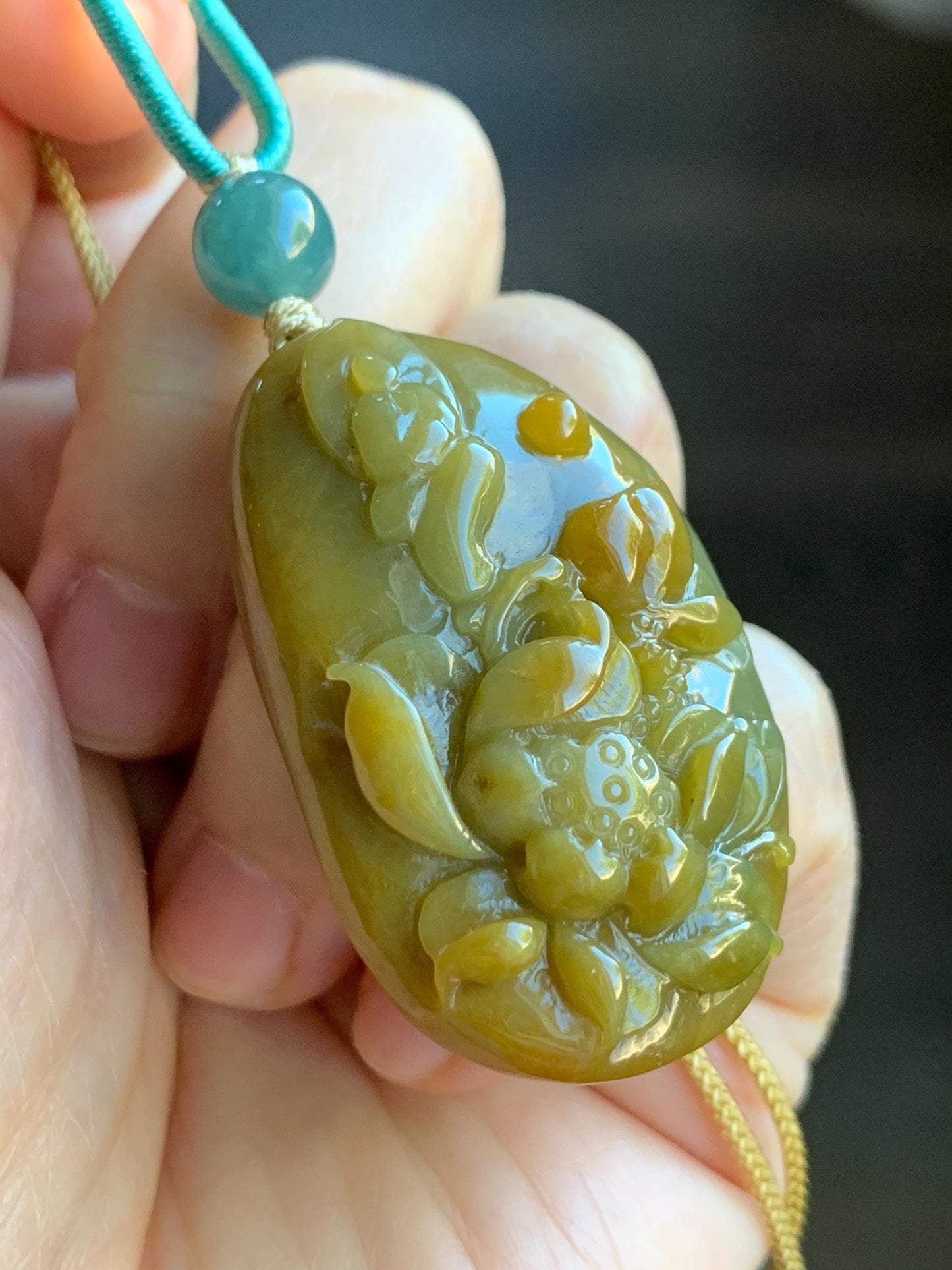 Natural Grade A Icy Translucent Intense Yellow Marbled Jadeite Lotus Flower & Chanting Monk Pendant Rope Necklace 25” 27g 天然冰危油黄翡翠梅花鹿吊坠挂件