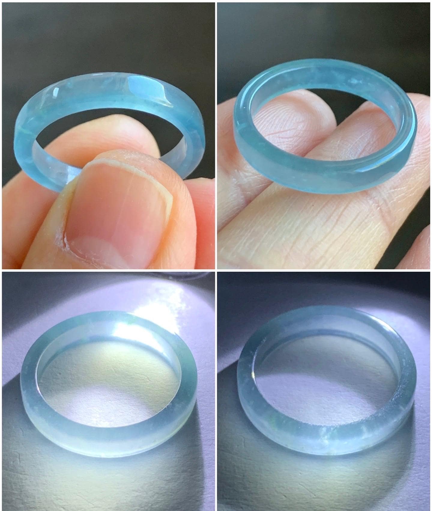 Natural Grade A Icy Highly Translucent Teal Blue Jadeite Square Edged Band Ring Size 8 US 天然冰危蓝起光翡翠角戒戒圈 LJJ70-1