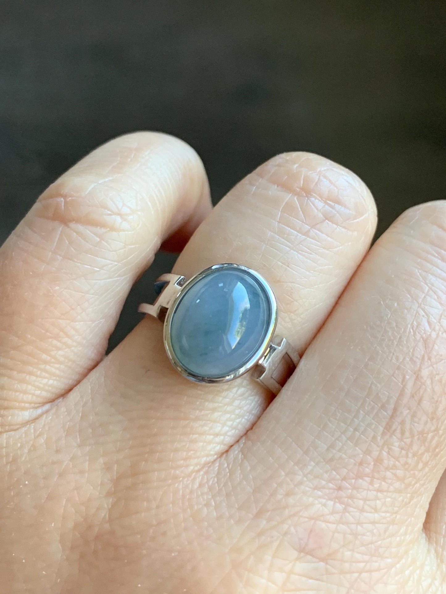 Certified Natural Grade A Icy Translucent Dusty Purplish Blue Jadeite Oval Ring Sterling Silver size 7.25 US 3.89g 天然冰胶危蓝紫飘花翡翠镶嵌戒指 7385