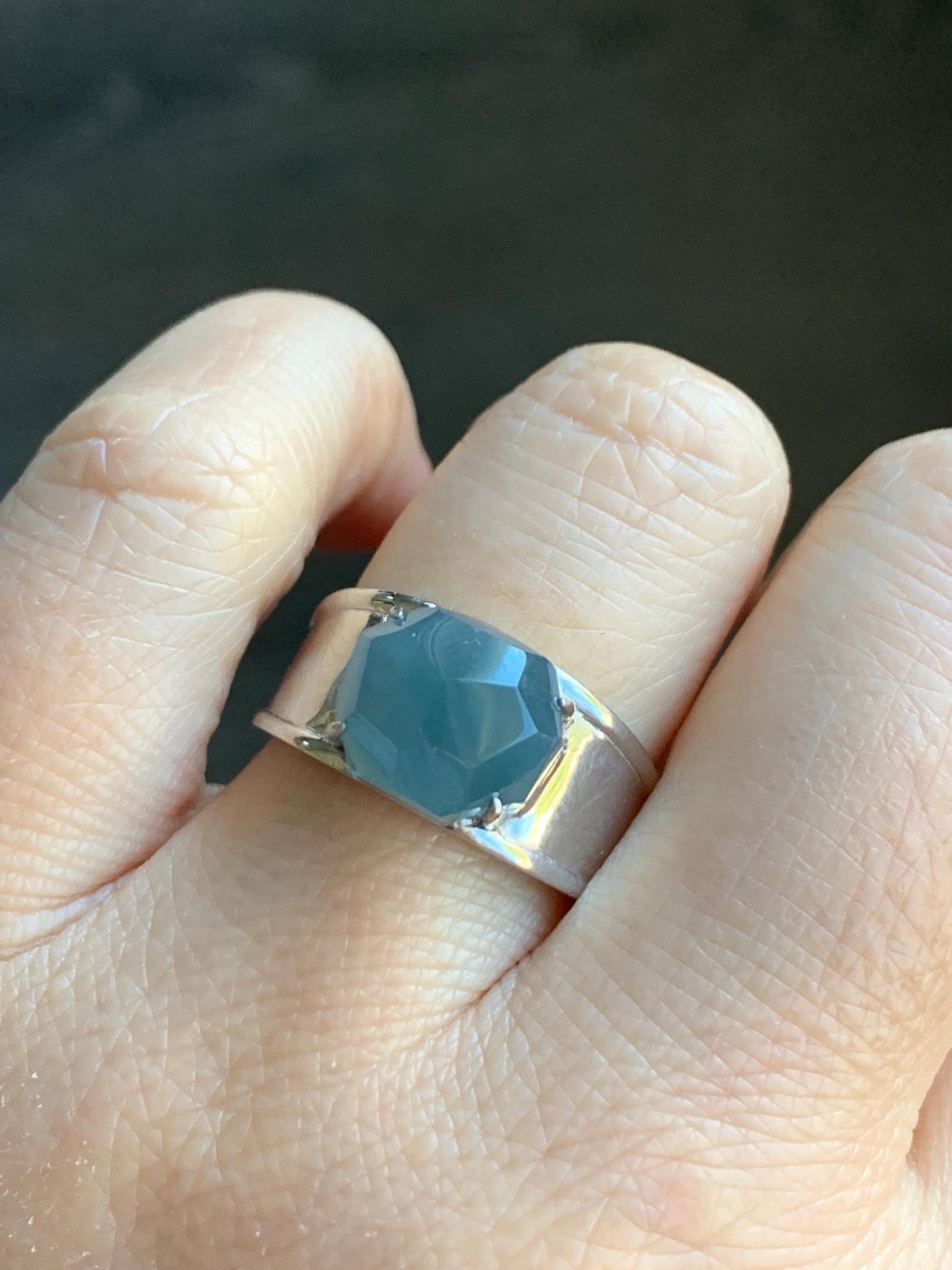 Certified Natural Garde A Icy Translucent Dusty Blue Faceted Jadeite Cabochon Ring Sterling Silver Size 7.25 US 6.2g 天然冰危深蓝切割面翡翠银镶戒指 7382