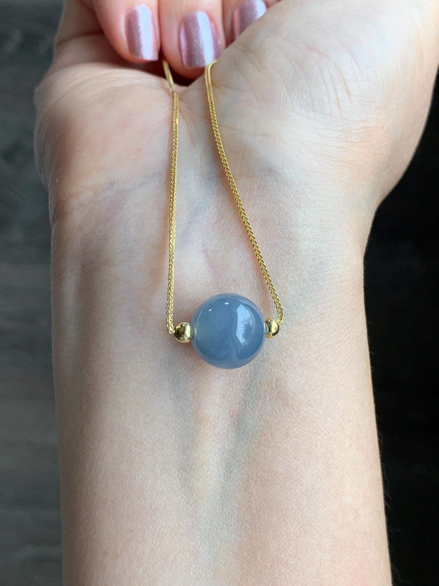 Natural Guatemalan Icy Translucent Purplish Blue Jadeite Round Bead Sphere Pendant Sterling Silver Chain 17.5” adjustable 5g 天然冰危蓝紫翡翠圆珠项链