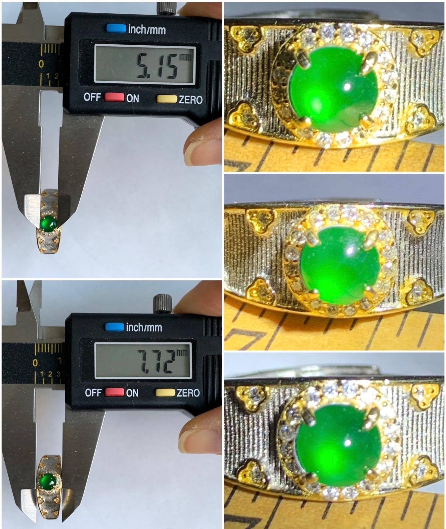Natural Guatemalan Icy Translucent Vibrant Green Round Jadeite Band Style Ring S925 Sterling Silver Size 7 Adjustable 天然冰危绿翡翠银镶戒指 MLR120