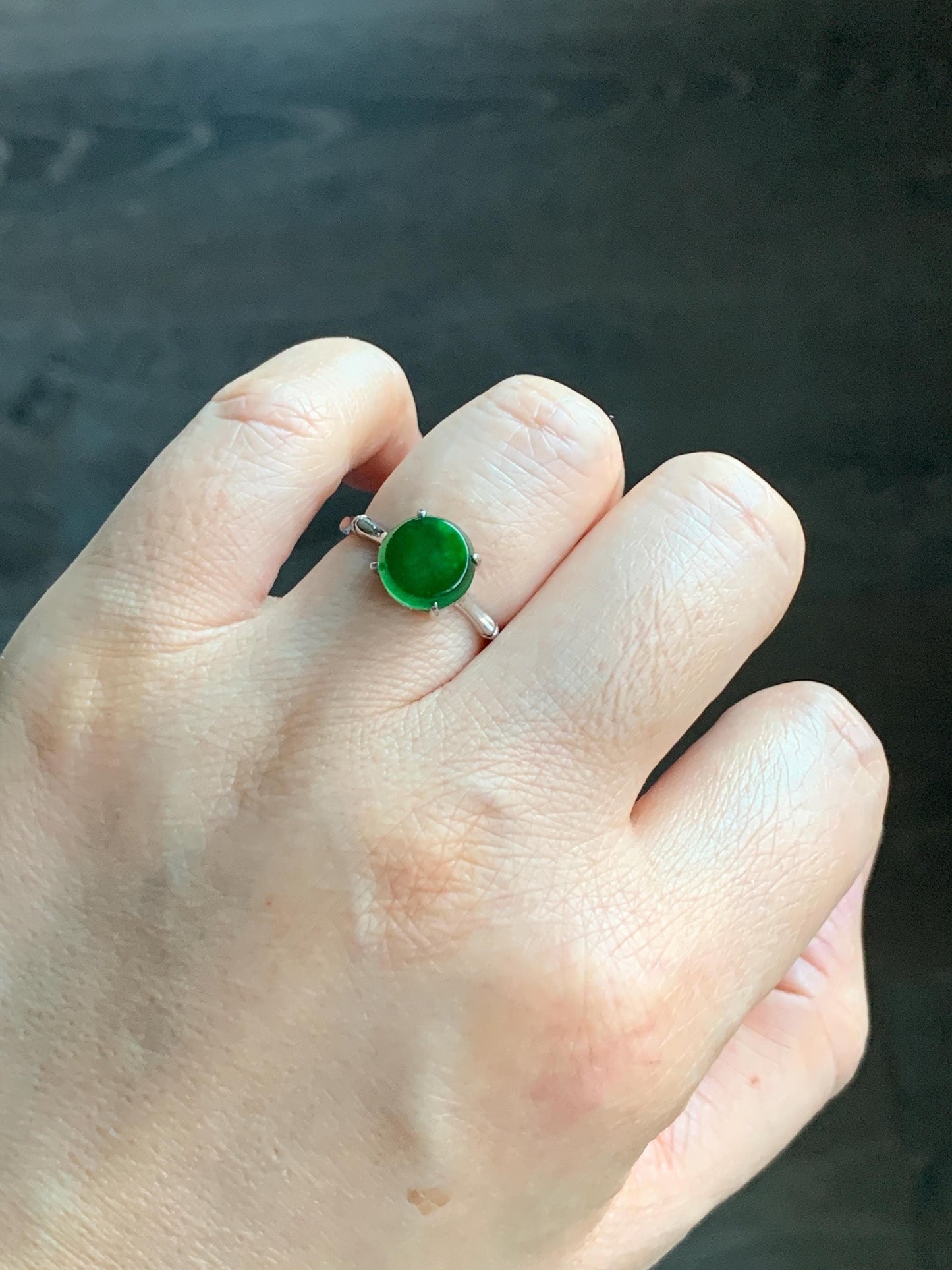 Natural Guatemalan Icy Translucent Vibrant Green Jadeite Solitaire Bamboo Ring Sterling Silver Size 7 Adjustable 天然冰危绿翡翠银镶竹节戒指 LZJ88