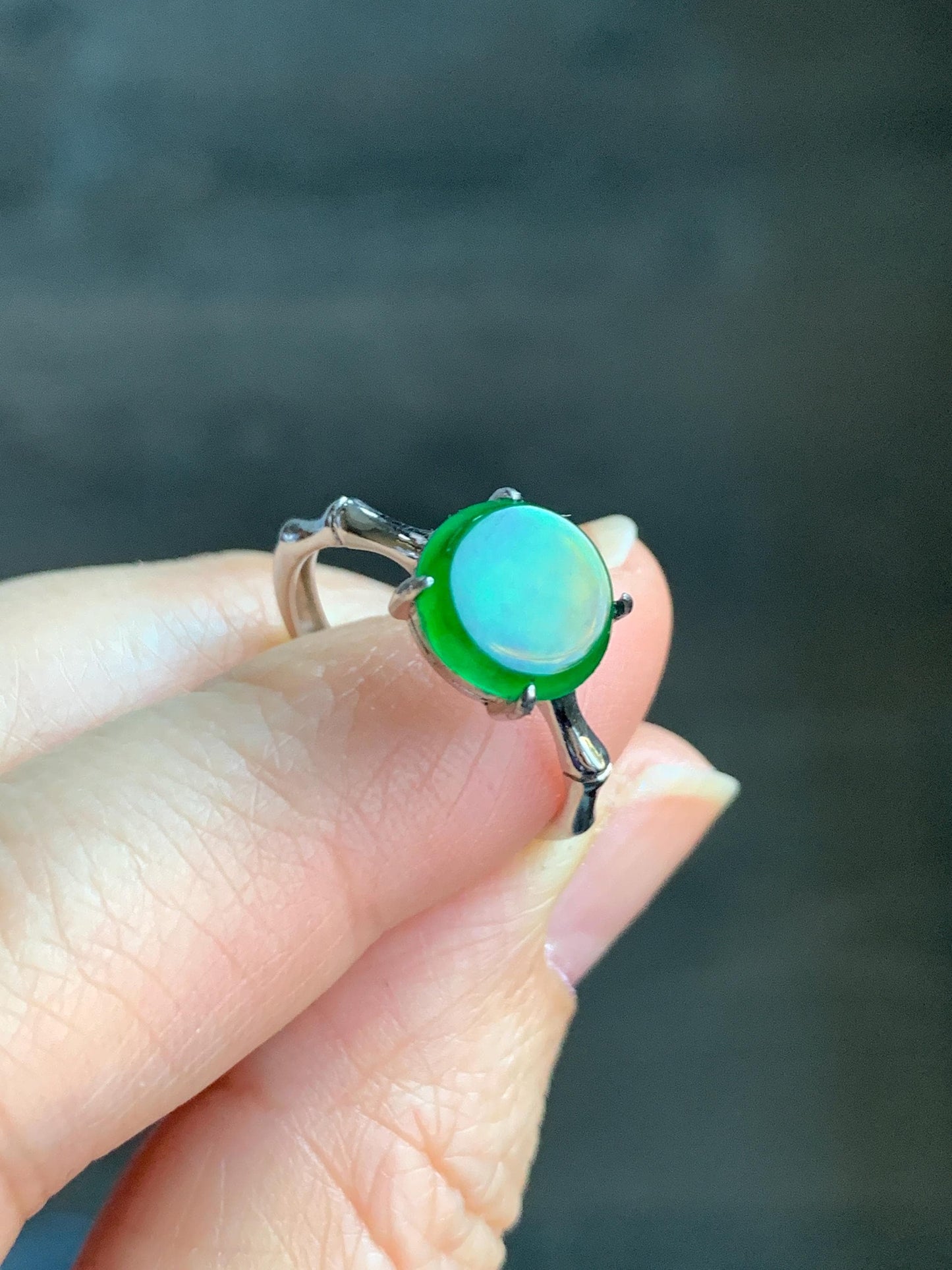 Natural Guatemalan Icy Translucent Vibrant Green Jadeite Solitaire Bamboo Ring Sterling Silver Size 7 Adjustable 天然冰危绿翡翠银镶竹节戒指 LZJ88