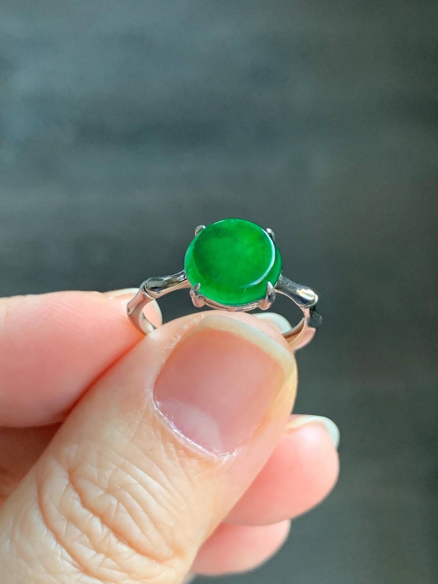 Natural Guatemalan Icy Translucent Vibrant Green Jadeite Solitaire Bamboo Ring Sterling Silver Size 7 Adjustable 天然冰危绿翡翠银镶竹节戒指 LZJ88