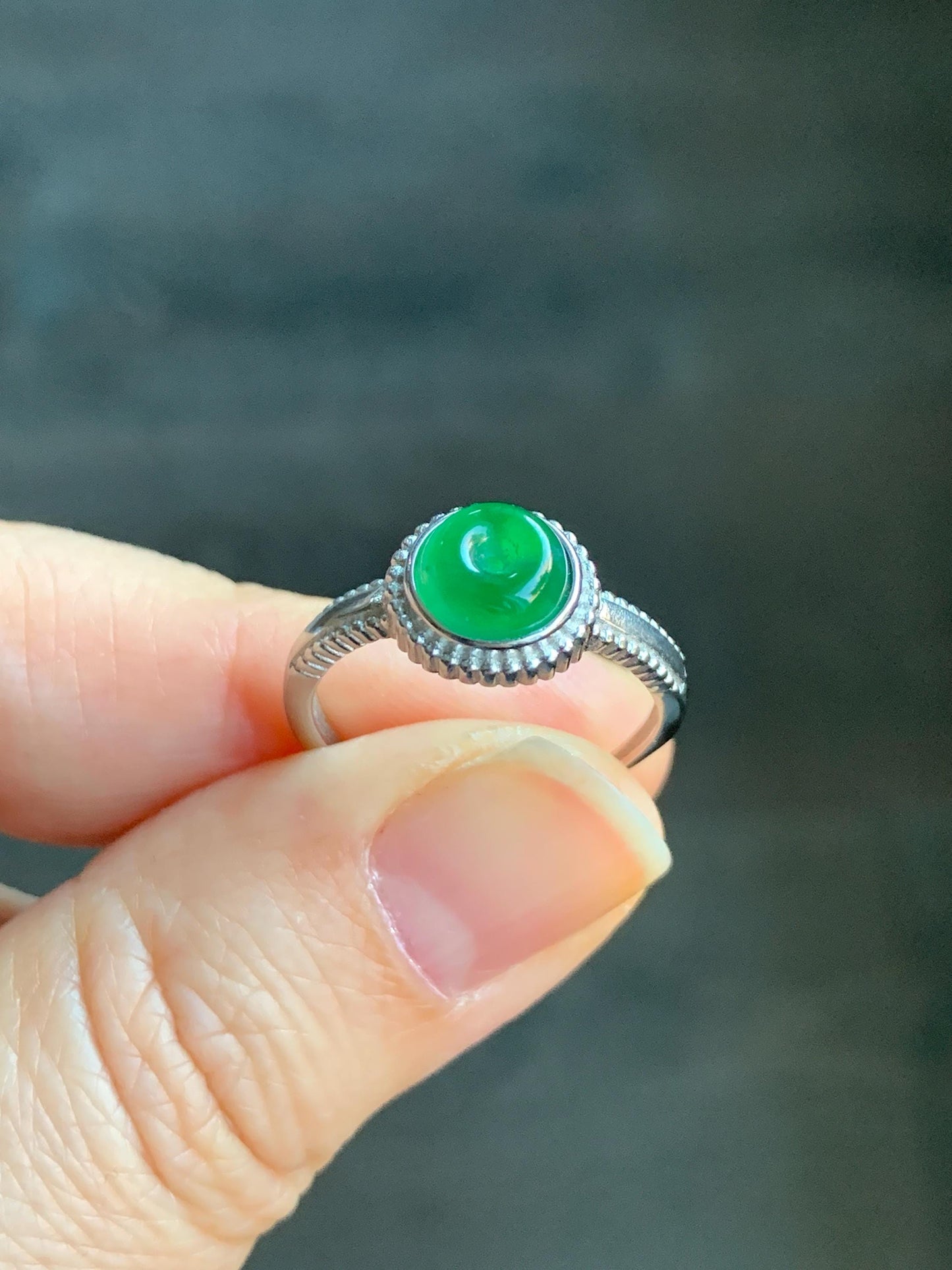 Natural Guatemalan Icy Translucent Vibrant Green Jadeite Mini Donut Ping An Kou Ring Sterling Silver Size 7 Adjustable 天然冰危绿翡翠小平安扣银镶戒指 XPK66