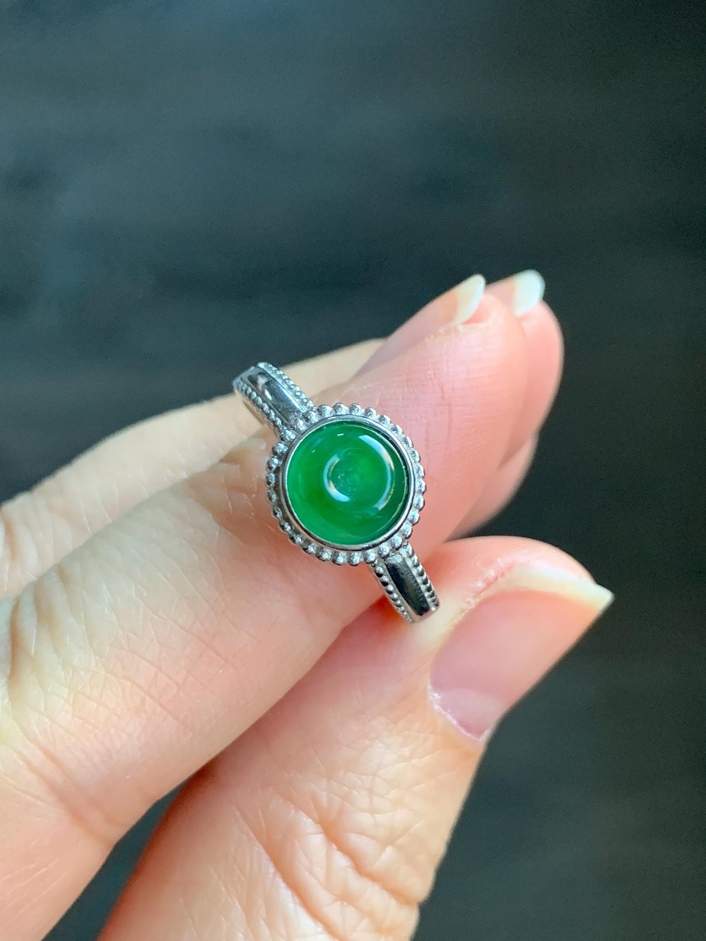 Natural Guatemalan Icy Translucent Vibrant Green Jadeite Mini Donut Ping An Kou Ring Sterling Silver Size 7 Adjustable 天然冰危绿翡翠小平安扣银镶戒指 XPK66