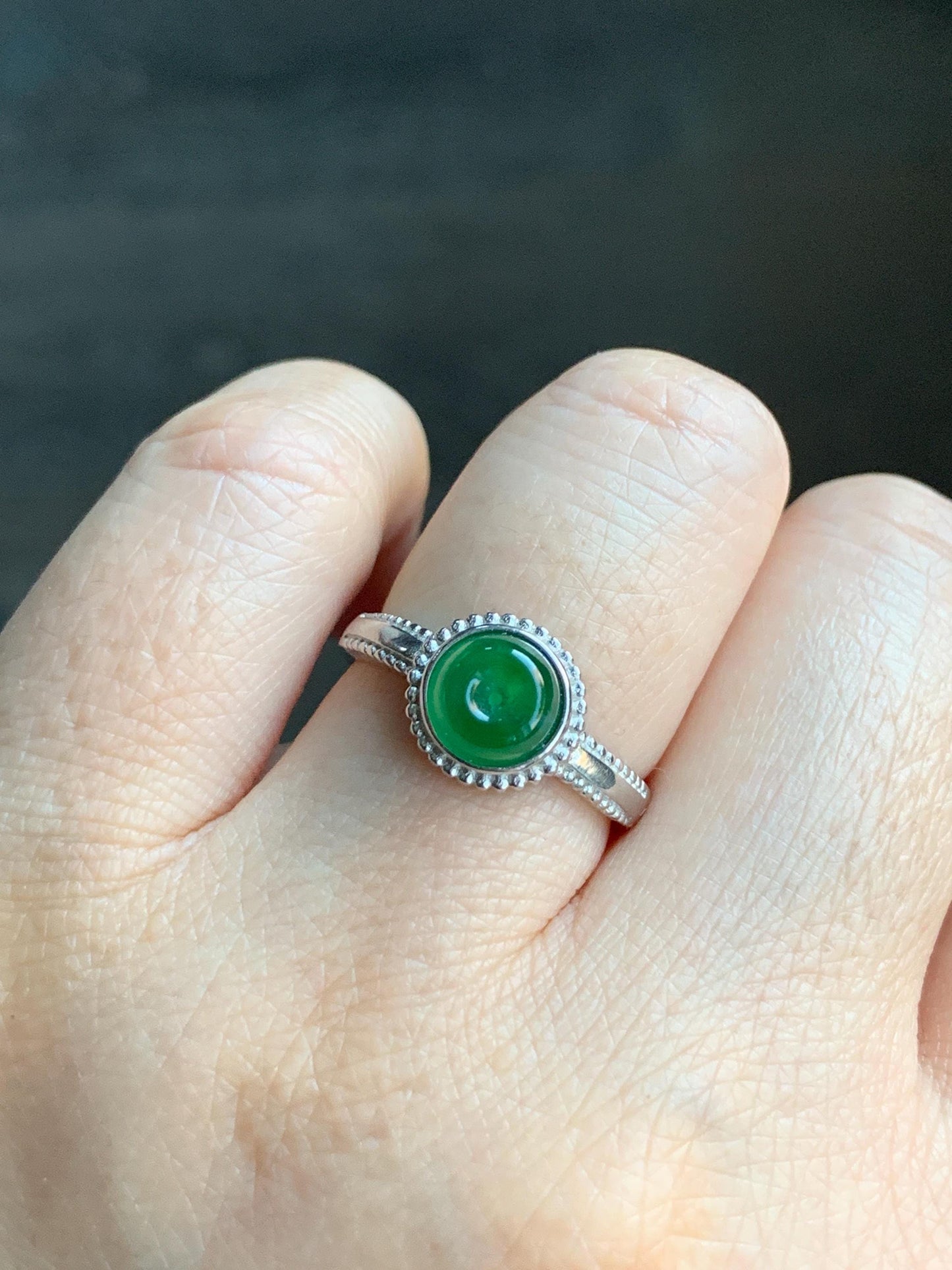 Natural Guatemalan Icy Translucent Vibrant Green Jadeite Mini Donut Ping An Kou Ring Sterling Silver Size 7 Adjustable 天然冰危绿翡翠小平安扣银镶戒指 XPK66