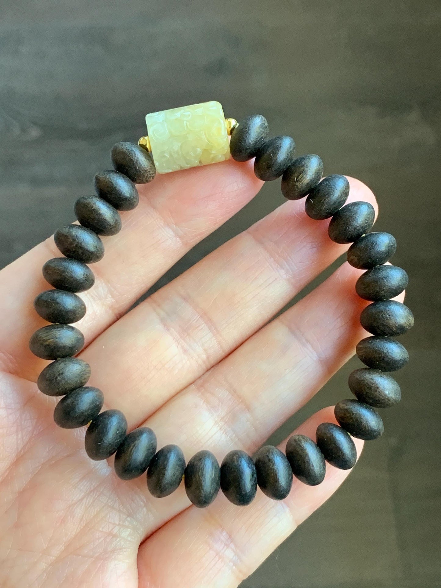 Natural Burmese Icy Translucent Light Yellow Jadeite Engraved Barrel Bead Agarwood Beaded Bracelet Sterling Silver 7” 天然缅甸冰糖黄翡翠仿古雕桶珠沉香鼓珠手串