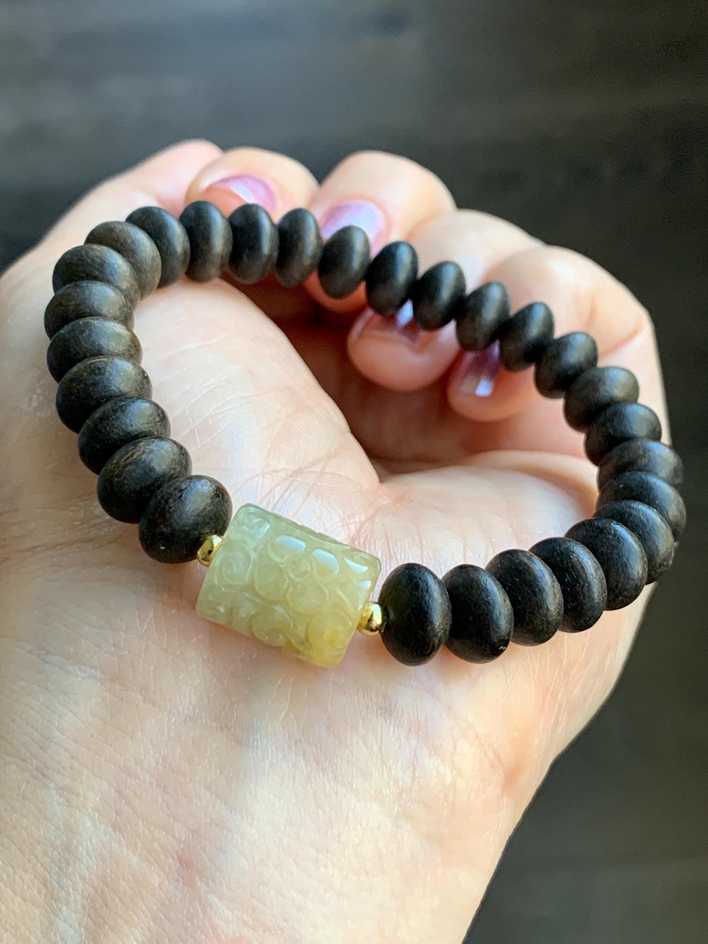 Natural Burmese Icy Translucent Light Yellow Jadeite Engraved Barrel Bead Agarwood Beaded Bracelet Sterling Silver 7” 天然缅甸冰糖黄翡翠仿古雕桶珠沉香鼓珠手串