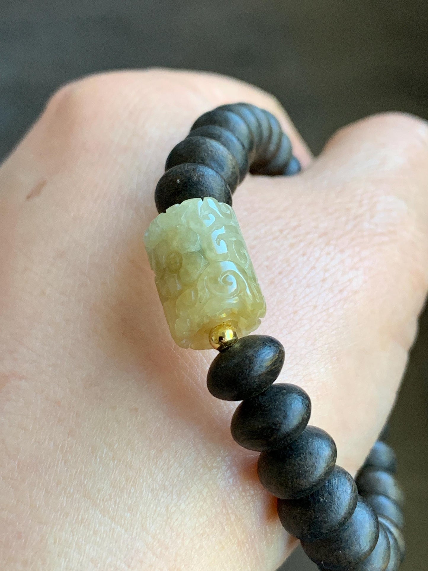Natural Burmese Icy Translucent Light Yellow Jadeite Engraved Barrel Bead Agarwood Beaded Bracelet Sterling Silver 7” 天然缅甸冰糖黄翡翠仿古雕桶珠沉香鼓珠手串