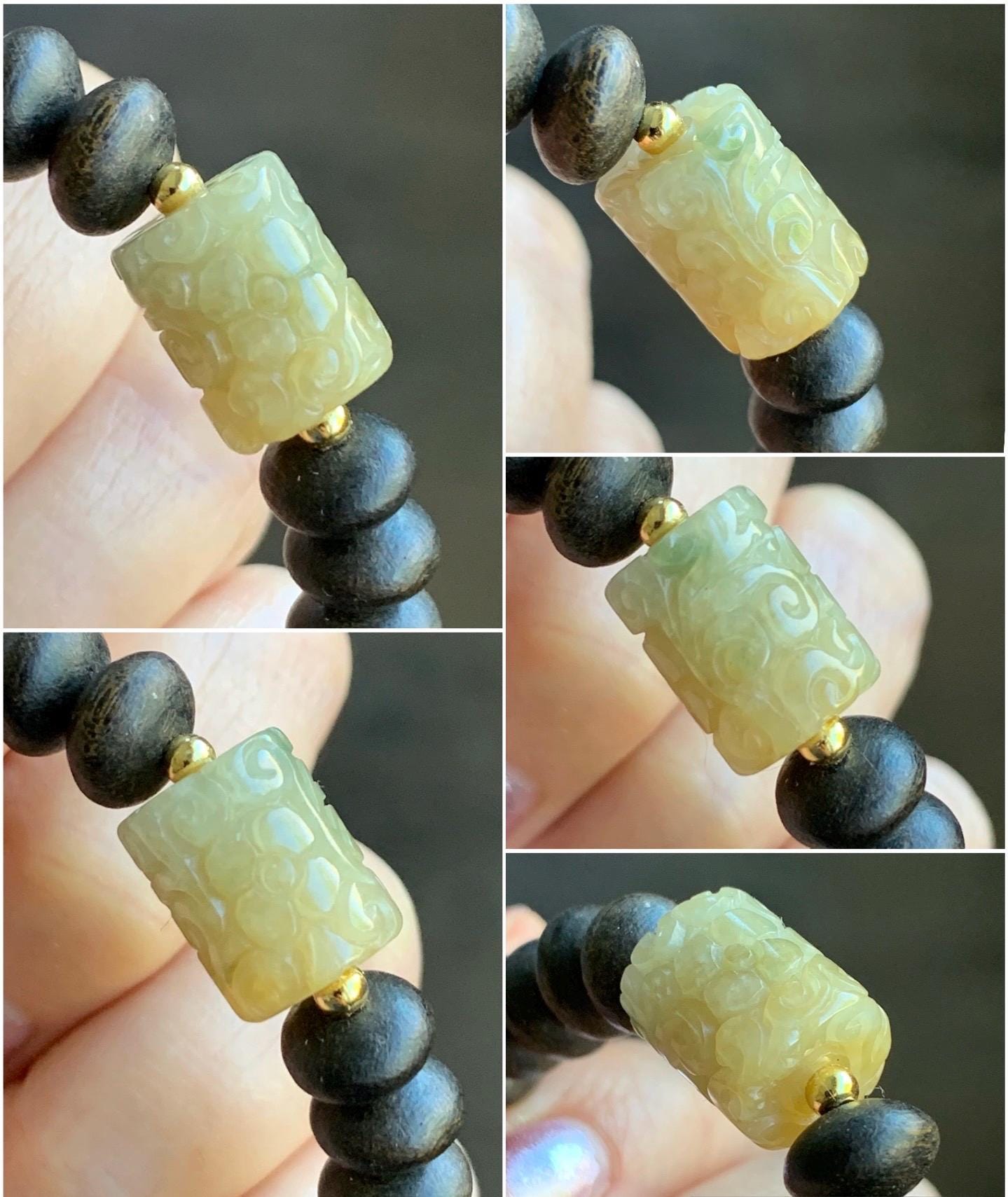 Natural Burmese Icy Translucent Light Yellow Jadeite Engraved Barrel Bead Agarwood Beaded Bracelet Sterling Silver 7” 天然缅甸冰糖黄翡翠仿古雕桶珠沉香鼓珠手串