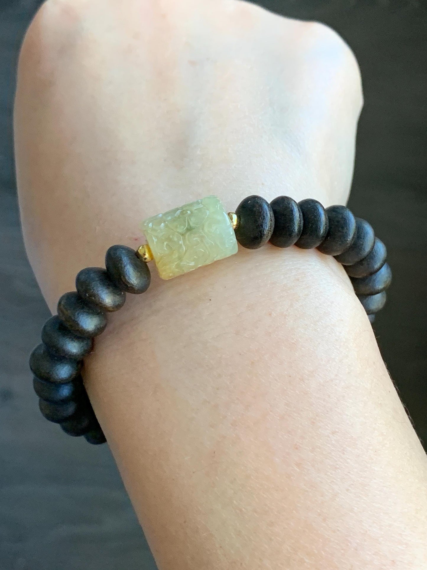Natural Burmese Icy Translucent Light Yellow Jadeite Engraved Barrel Bead Agarwood Beaded Bracelet Sterling Silver 7” 天然缅甸冰糖黄翡翠仿古雕桶珠沉香鼓珠手串