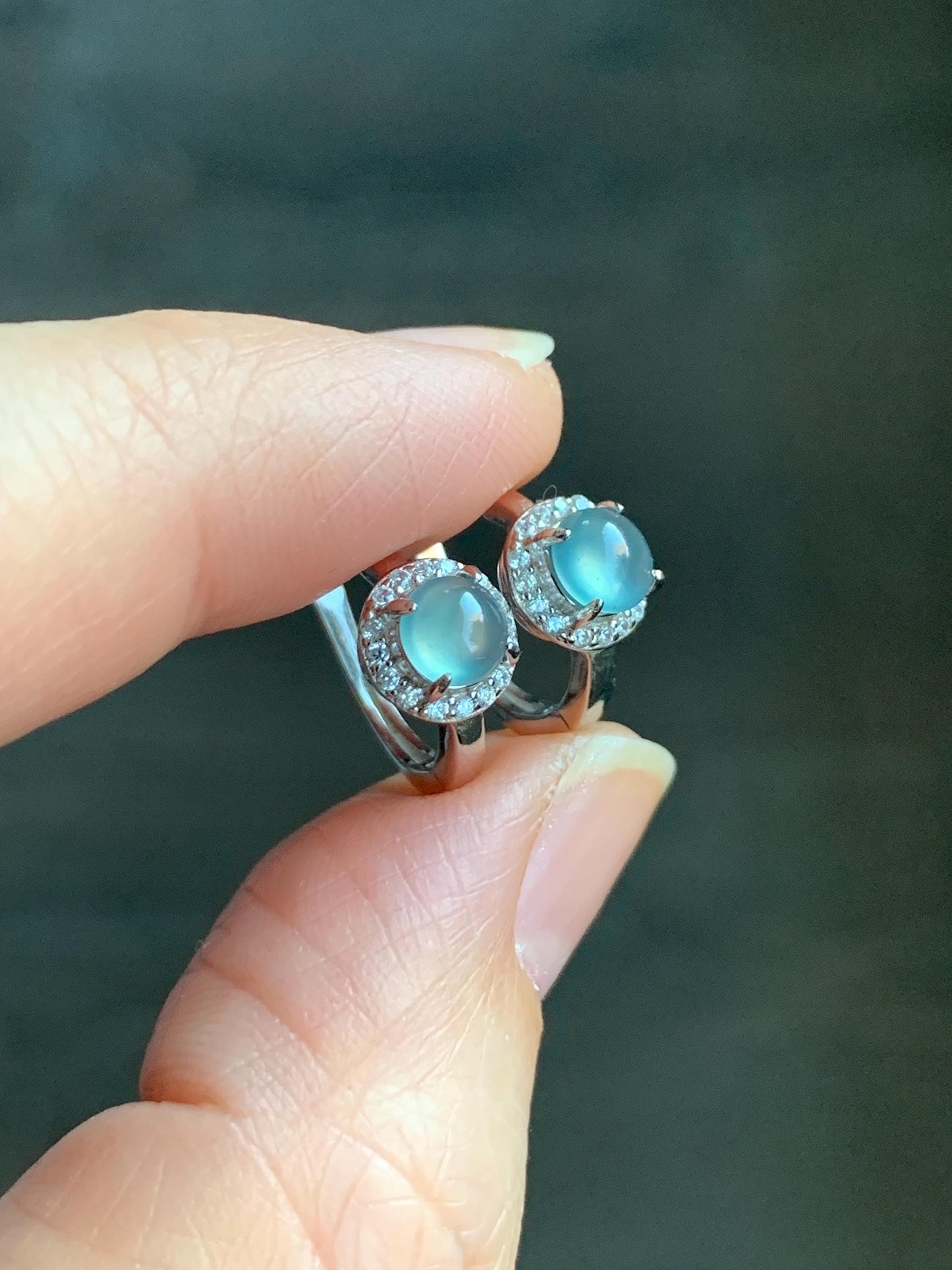 Natural Guatemalan Icy Highly Translucent Light Blue Jadeite Halo Style Huggie Hoop Earrings Sterling Silver 天然冰危起光淡蓝翡翠镶嵌耳包 DLB1028