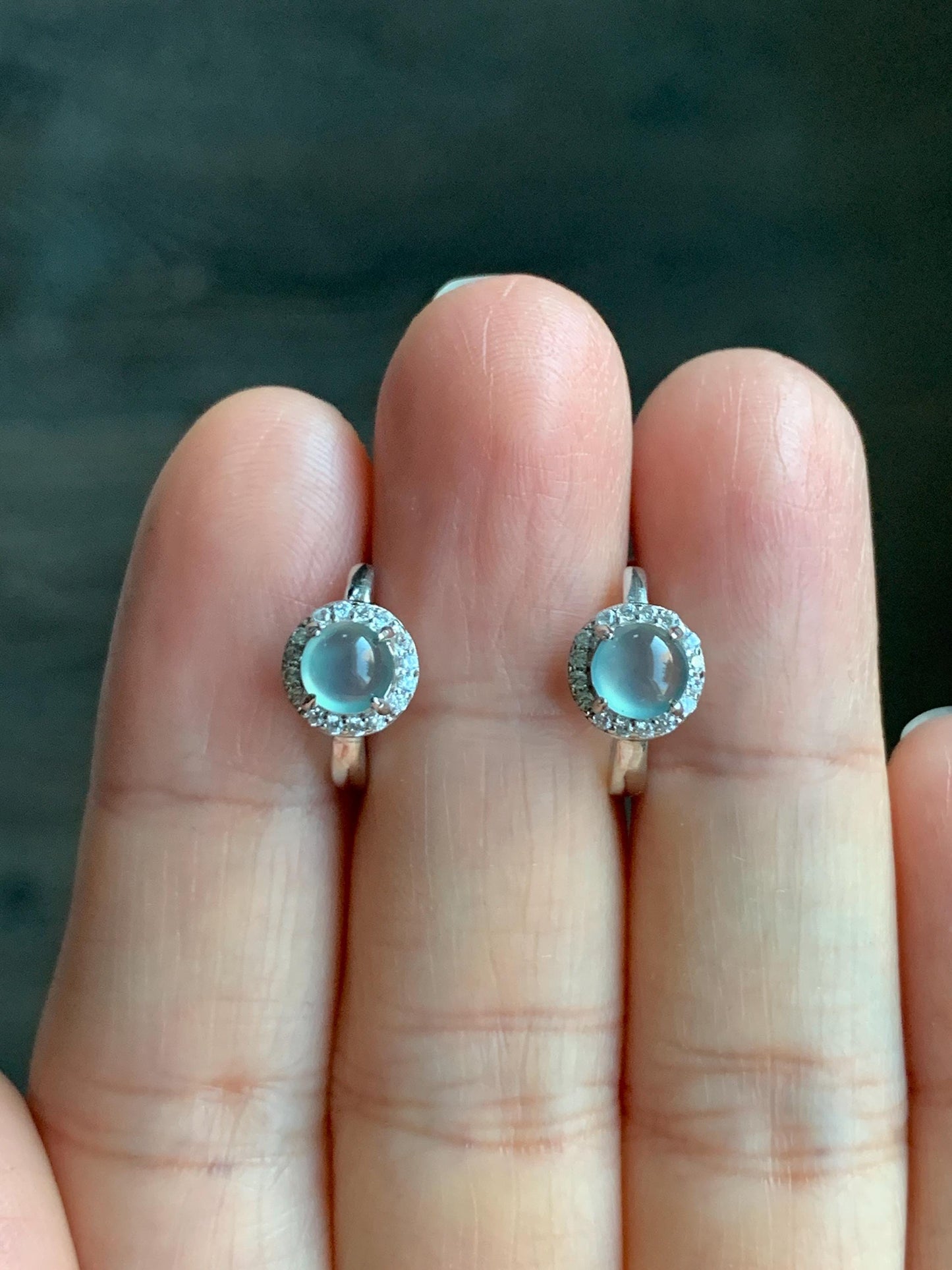 Natural Guatemalan Icy Highly Translucent Light Blue Jadeite Halo Style Huggie Hoop Earrings Sterling Silver 天然冰危起光淡蓝翡翠镶嵌耳包 DLB1028