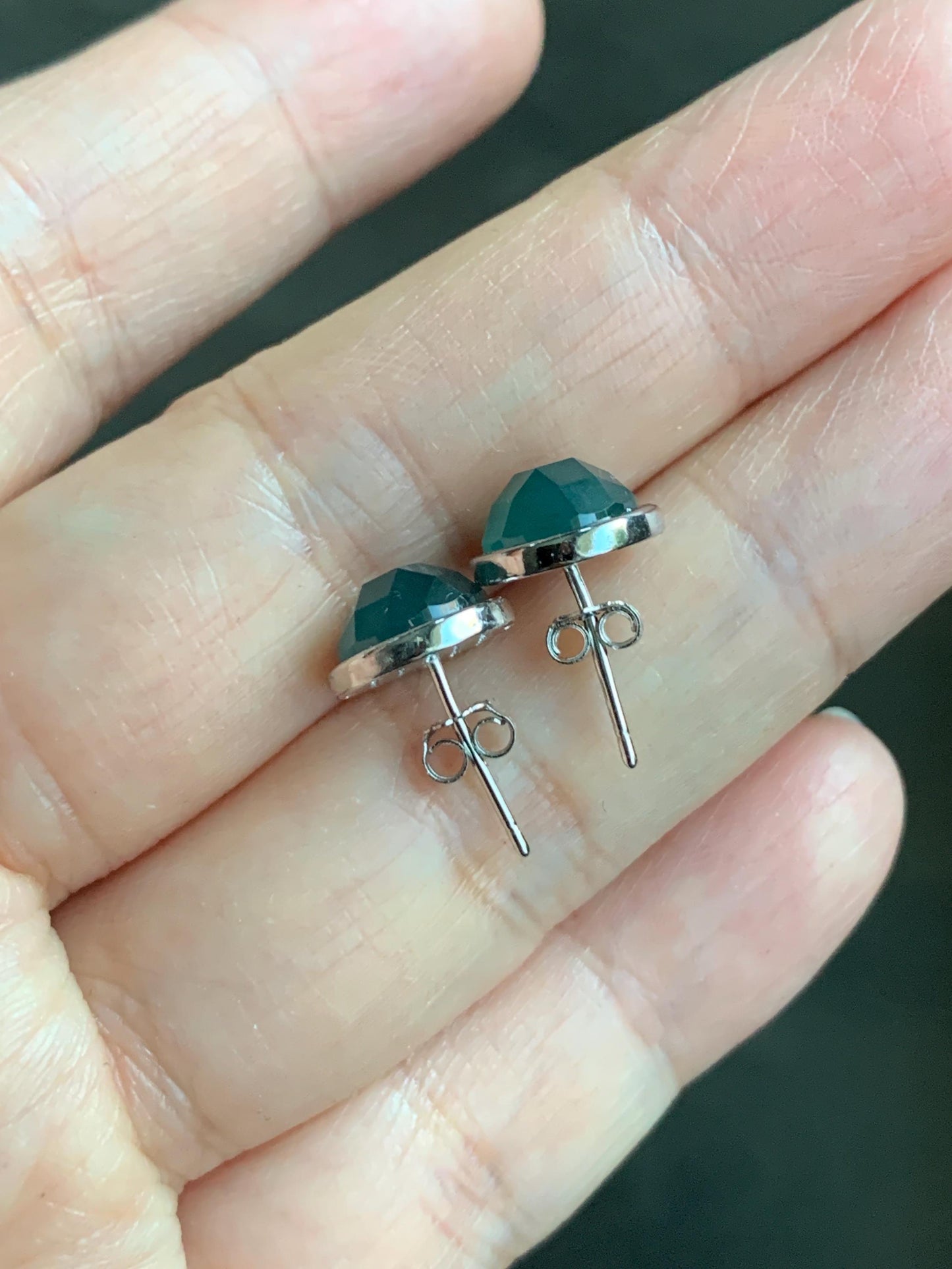 Natural Guatemalan Icy Translucent Teal Blue Jadeite Faceted Round Cabochon Stud Earrings S925 Sterling Silver 天然冰危蓝翡翠切割面银镶耳钉