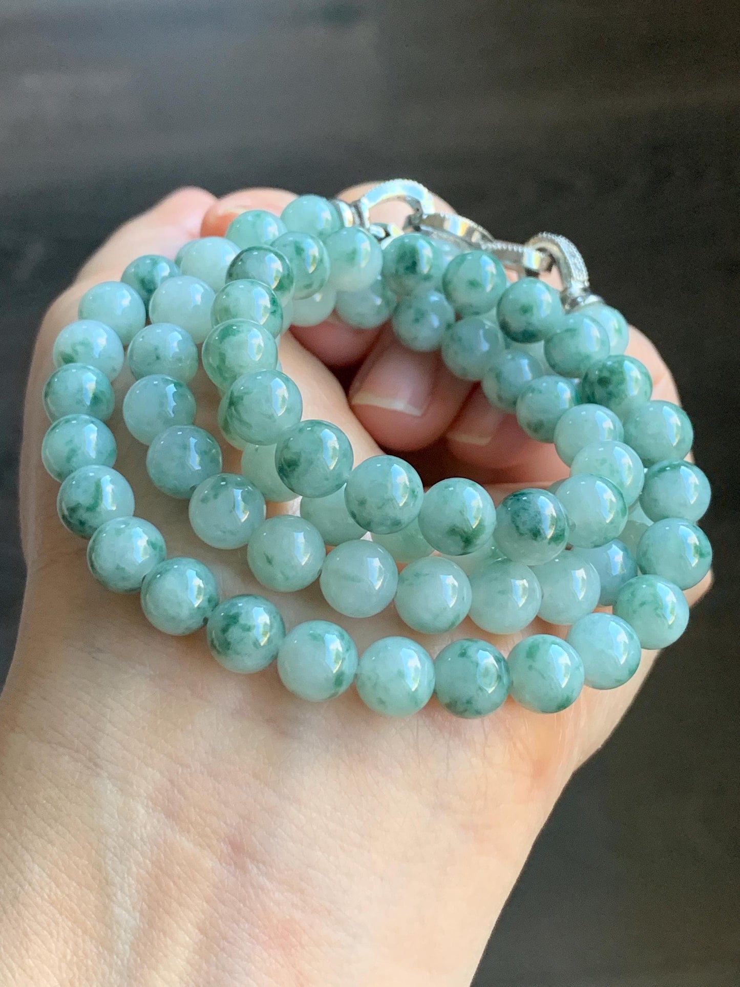 Certified Natural Burmese Icy Translucent Gelatinous Light Green Marbled Jadeite Beads Beaded Necklace 7.4mm 25” 61g 天然缅甸冰胶飘花翡翠圆珠长串项链 3006