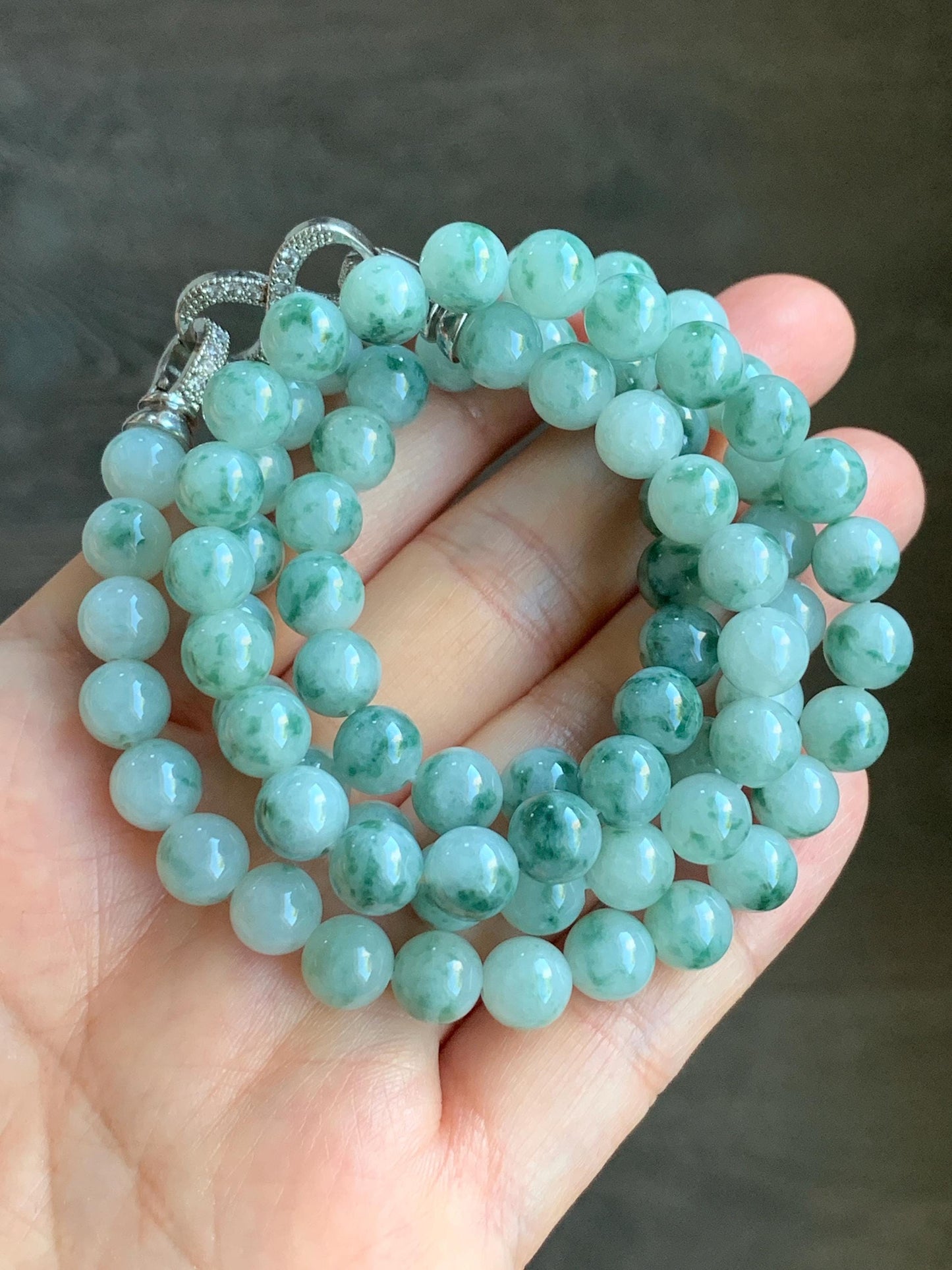 Certified Natural Burmese Icy Translucent Gelatinous Light Green Marbled Jadeite Beads Beaded Necklace 7.4mm 25” 61g 天然缅甸冰胶飘花翡翠圆珠长串项链 3006