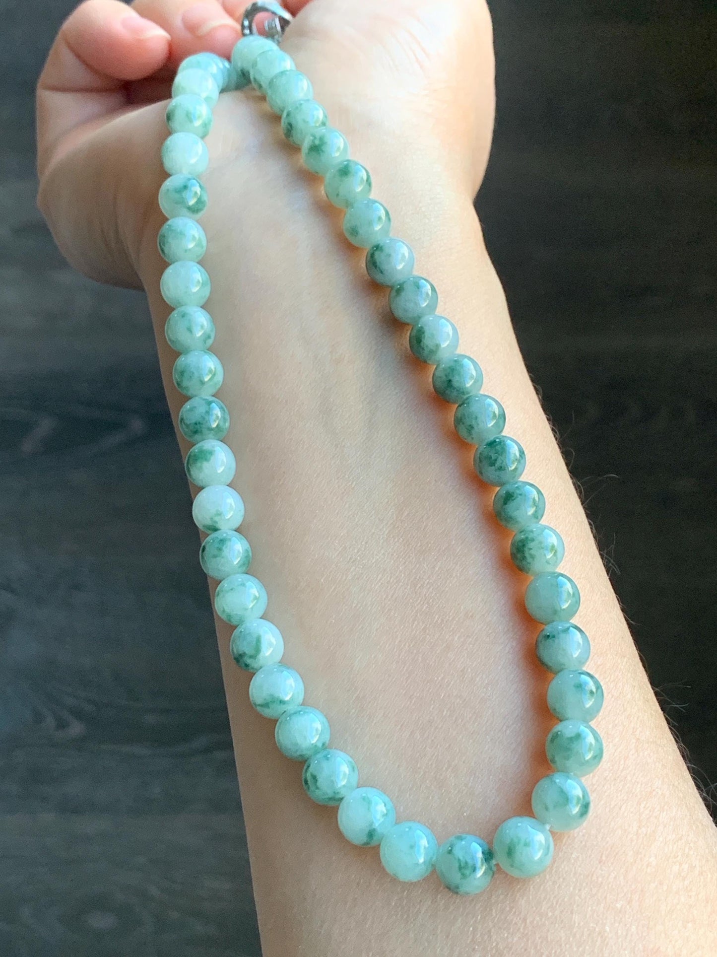 Certified Natural Burmese Icy Translucent Gelatinous Light Green Marbled Jadeite Beads Beaded Necklace 7.4mm 25” 61g 天然缅甸冰胶飘花翡翠圆珠长串项链 3006