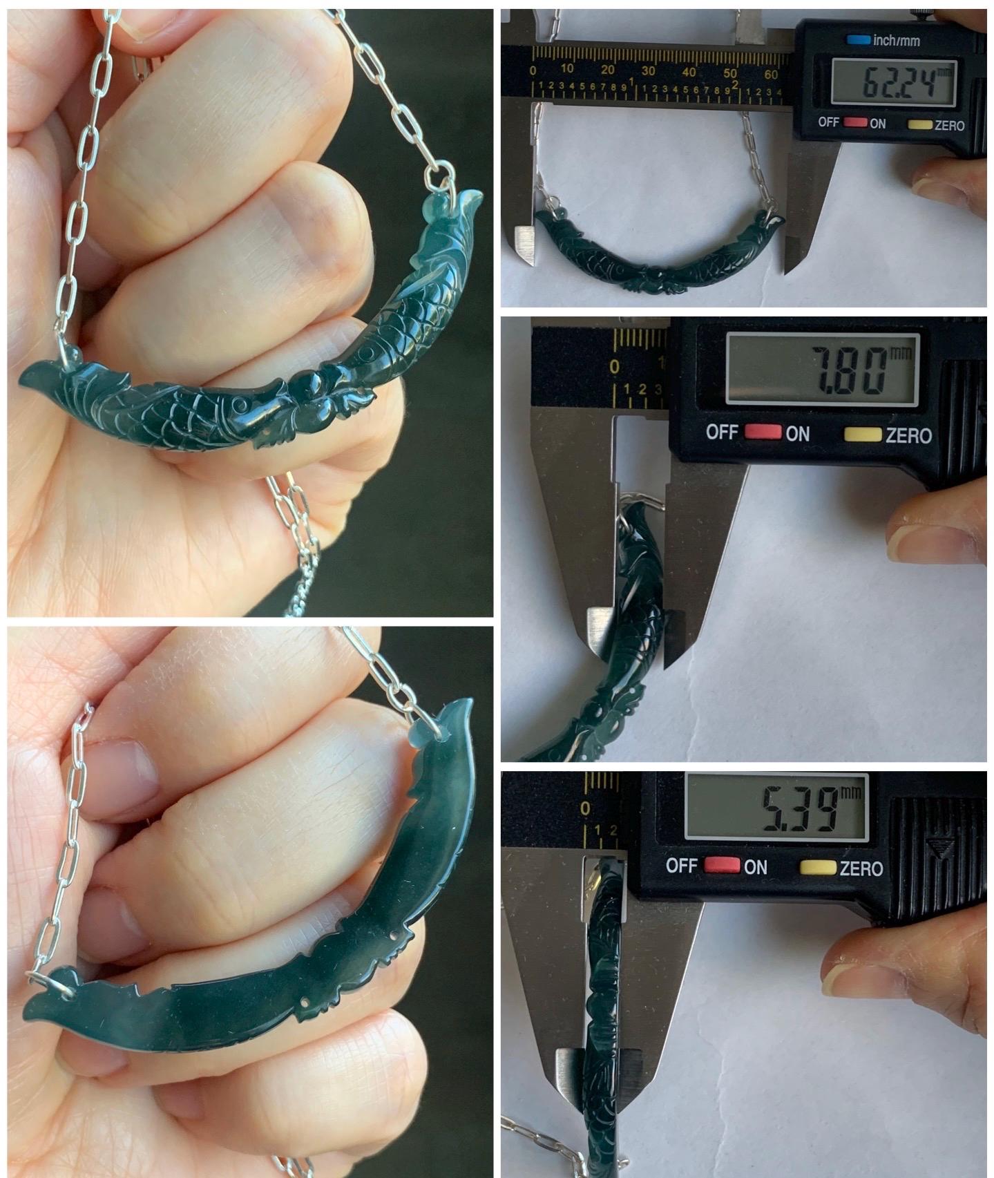 Natural Guatemalan Icy Translucent Deep Teal Blue Jadeite Double Fish Crescent Pendant 999 Sterling Silver Necklace 20” 天然冰胶危料湖水蓝翡翠双鱼玉横足银项链