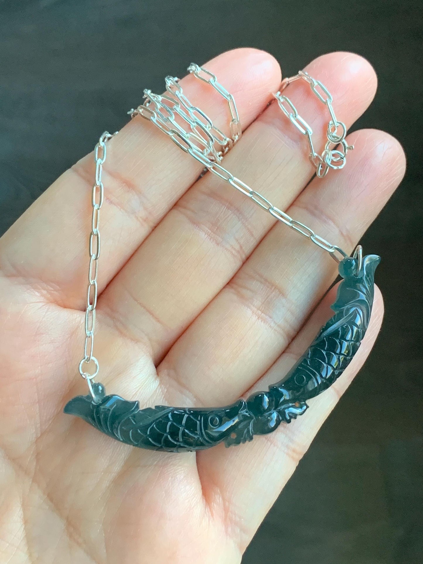 Natural Guatemalan Icy Translucent Deep Teal Blue Jadeite Double Fish Crescent Pendant 999 Sterling Silver Necklace 20” 天然冰胶危料湖水蓝翡翠双鱼玉横足银项链