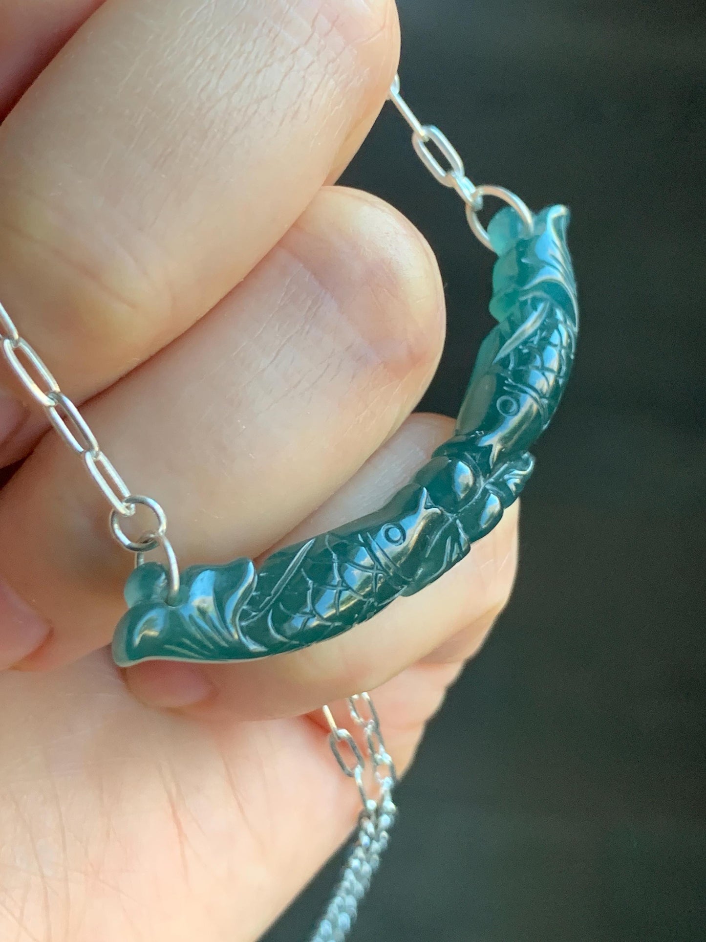 Natural Guatemalan Icy Translucent Deep Teal Blue Jadeite Double Fish Crescent Pendant 999 Sterling Silver Necklace 20” 天然冰胶危料湖水蓝翡翠双鱼玉横足银项链