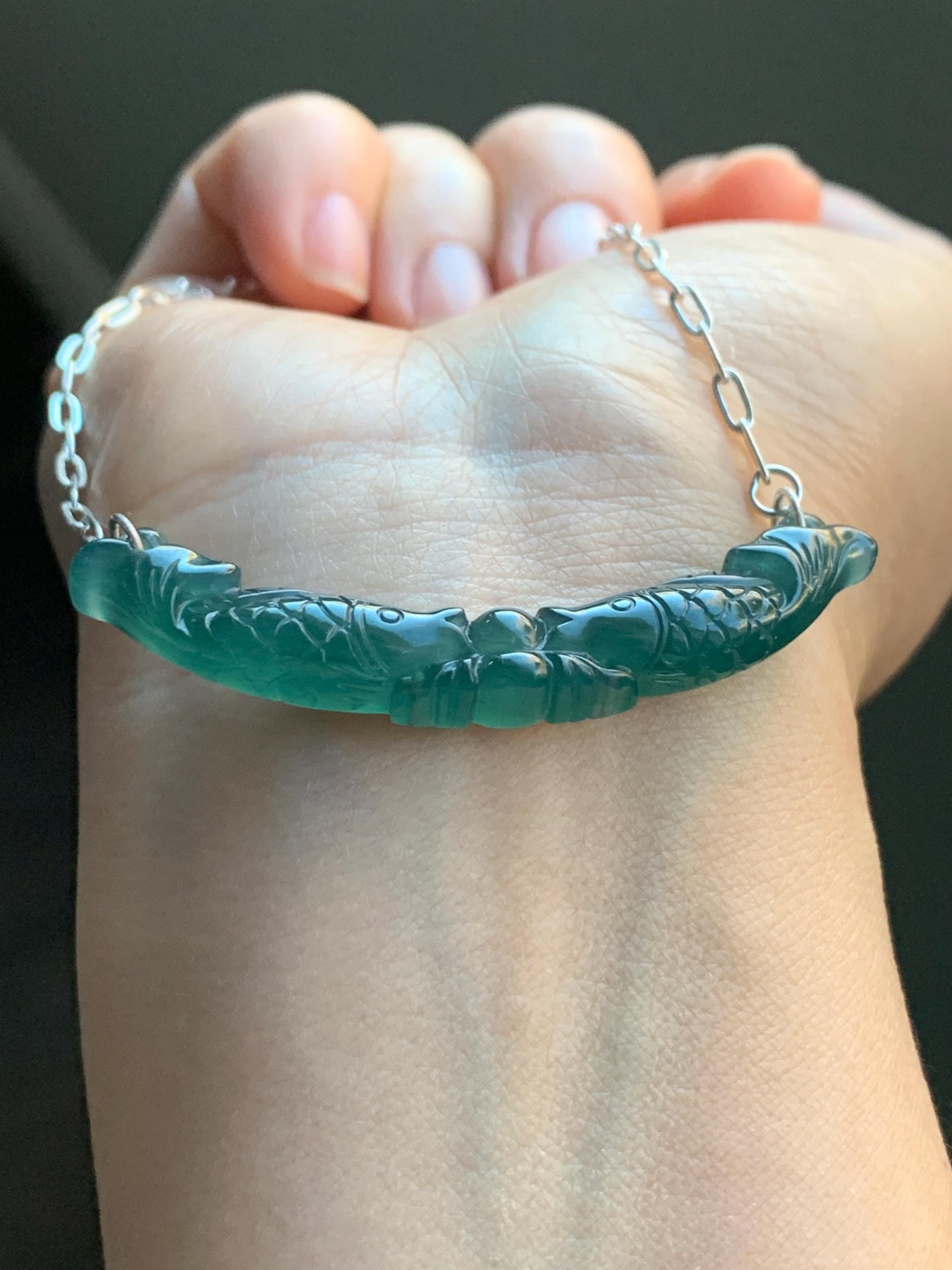 Natural Guatemalan Icy Translucent Deep Teal Blue Jadeite Double Fish Crescent Pendant 999 Sterling Silver Necklace 20” 天然冰胶危料湖水蓝翡翠双鱼玉横足银项链