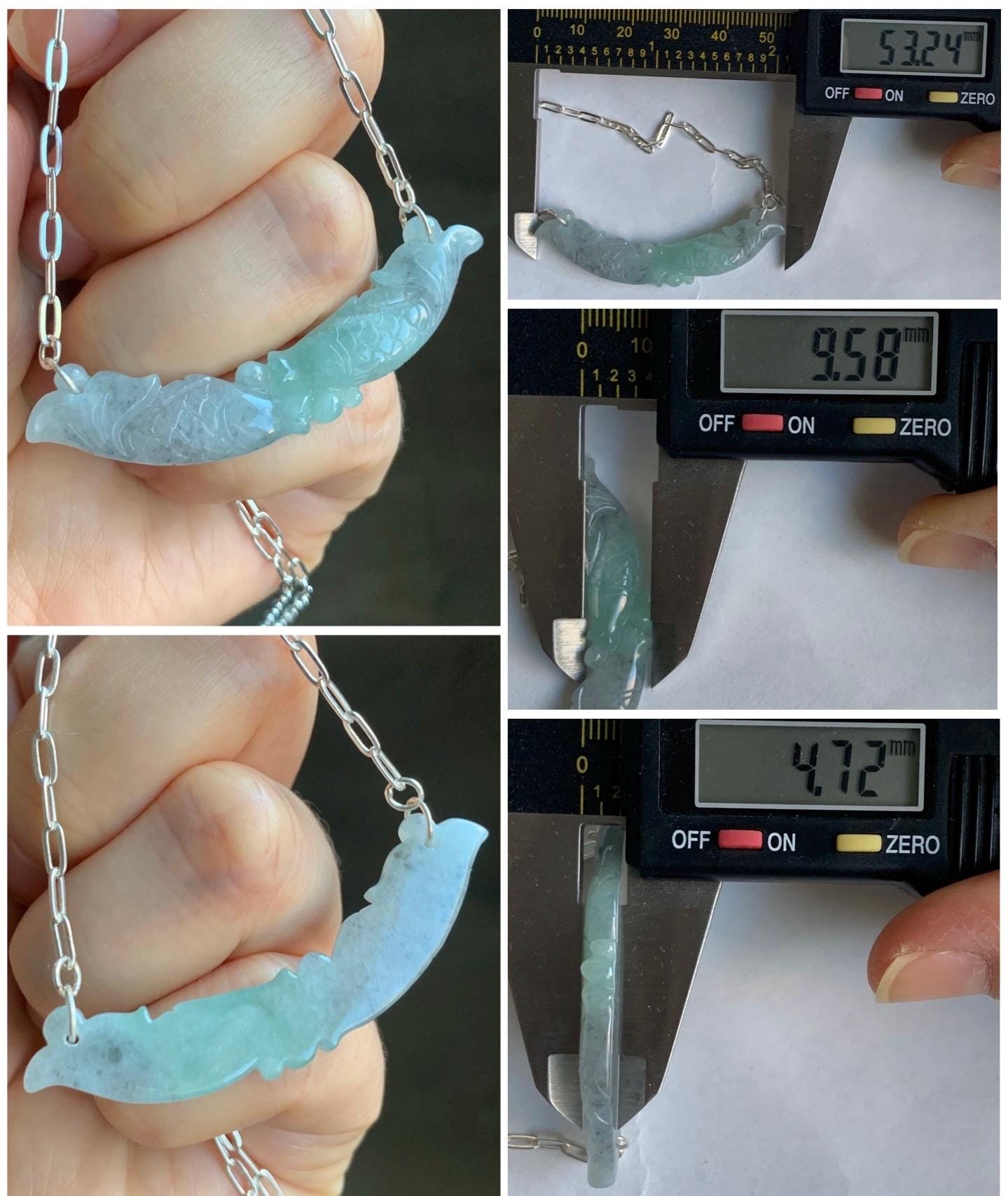 Natural Burmese Icy Translucent Wuji Green Marbled Jadeite Double Fish Crescent Pendant 999 Sterling Silver Necklace 20” 天然缅甸冰乌鸡绿翡翠双鱼玉横足银项链