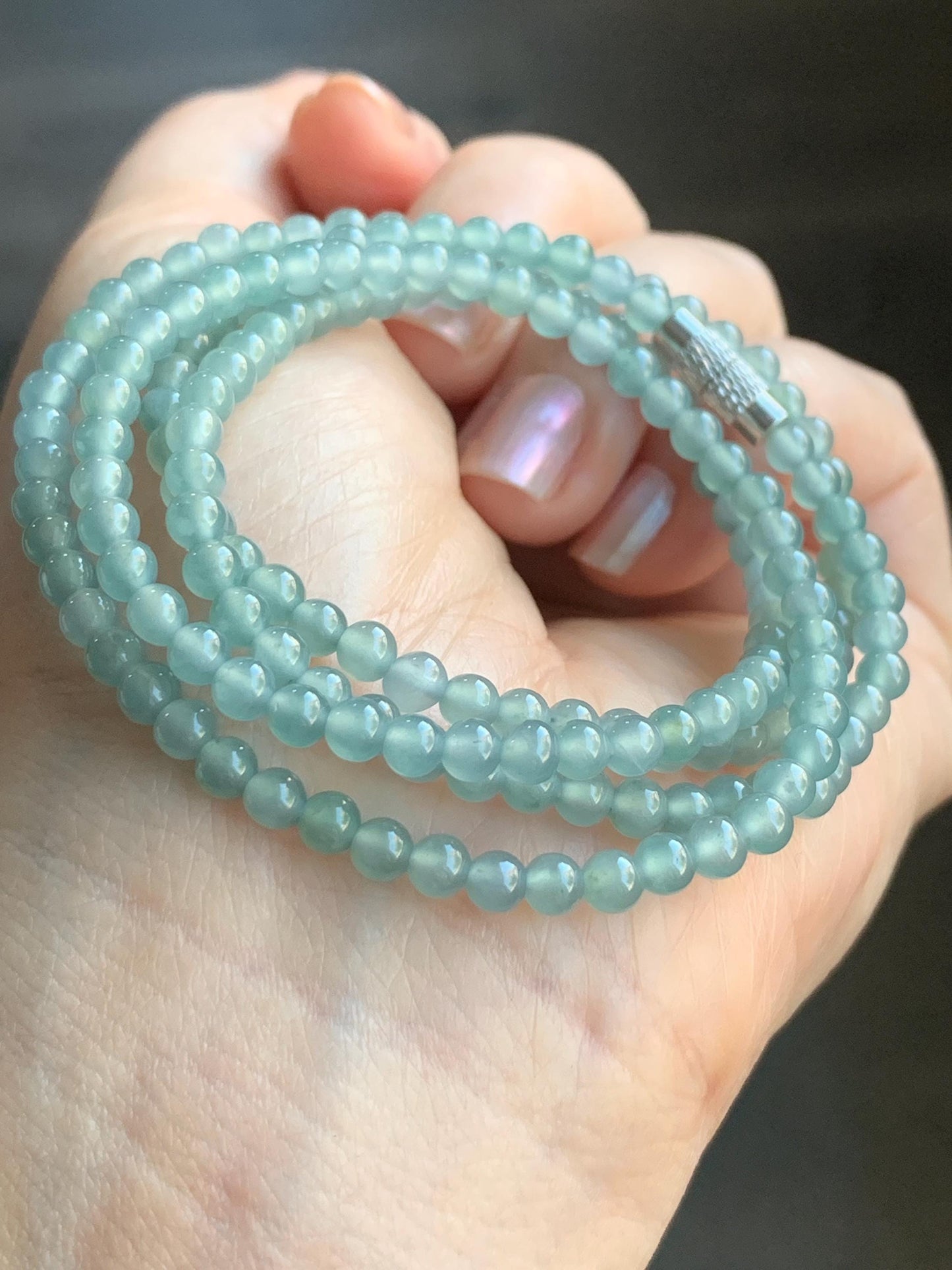 Natural Guatemalan Icy Highly Translucent Gelatinous Light Teal Blue Jadeite Petite Beaded Necklace 25.76” 3.8mm 17g 天然冰危淡蓝翡翠小卡珠项链 XWZ1129