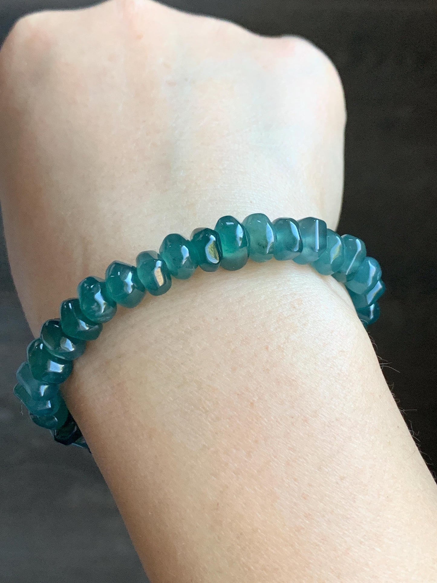 Natural Guatemalan Icy Highly Translucent Dark Teal Blue Jadeite Pomegranate Nugget Beads Beaded Bracelet 6.25” 21g 天然冰危深蓝水翡翠随形珠手串 No 2