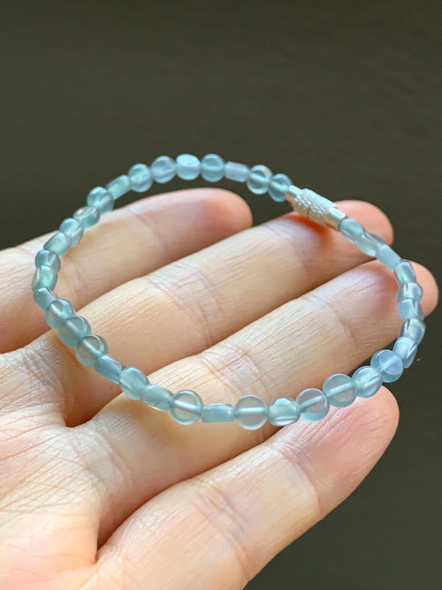 Natural Guatemalan Premium Icy Highly Translucent Pale Blue Jadeite Petite Coin Beads Beaded Bracelet 6.75” 4.5mm 4g 天然高冰危淡蓝翡翠小圆饼珠手串