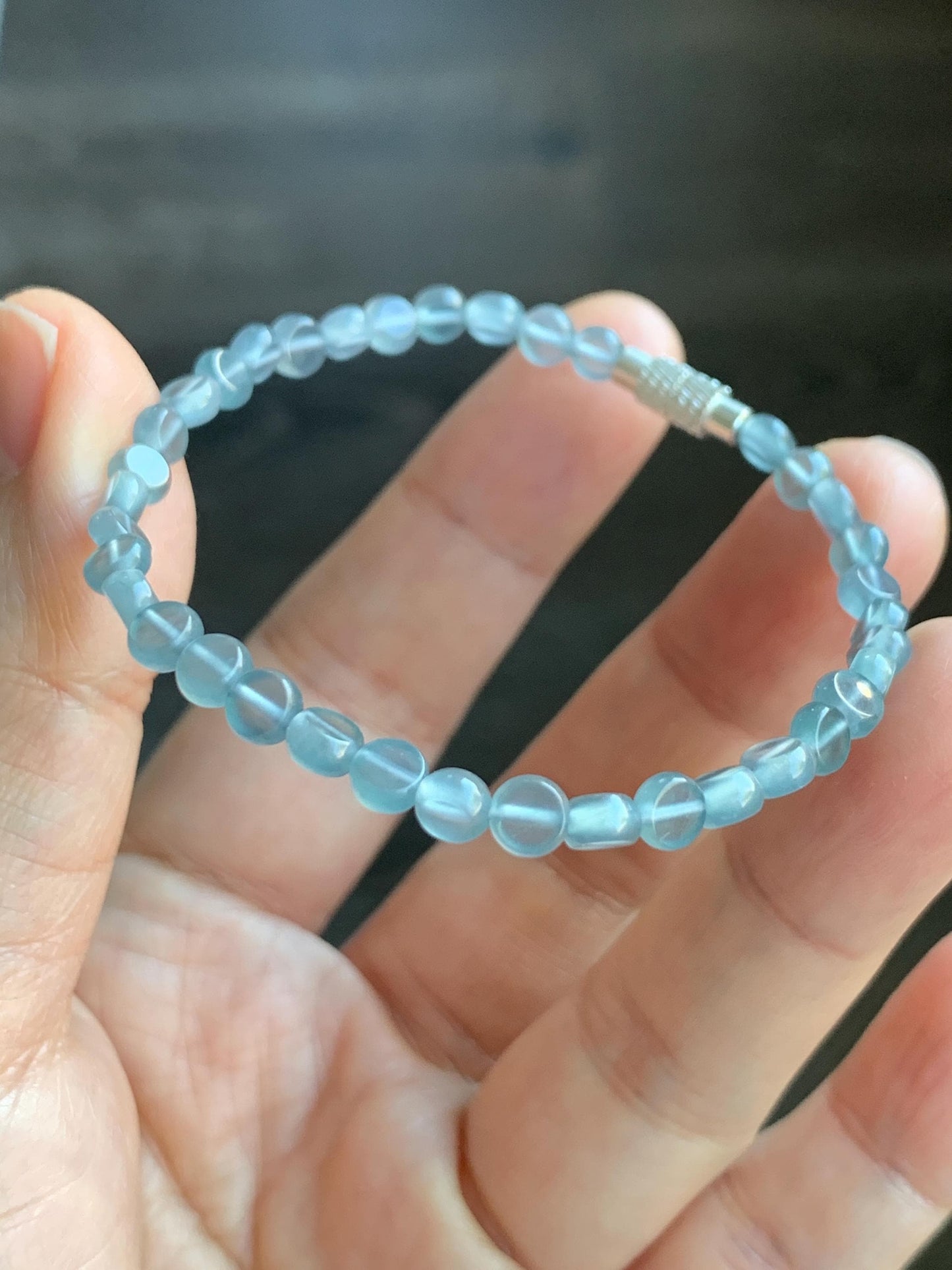 Natural Guatemalan Premium Icy Highly Translucent Pale Blue Jadeite Petite Coin Beads Beaded Bracelet 6.75” 4.5mm 4g 天然高冰危淡蓝翡翠小圆饼珠手串