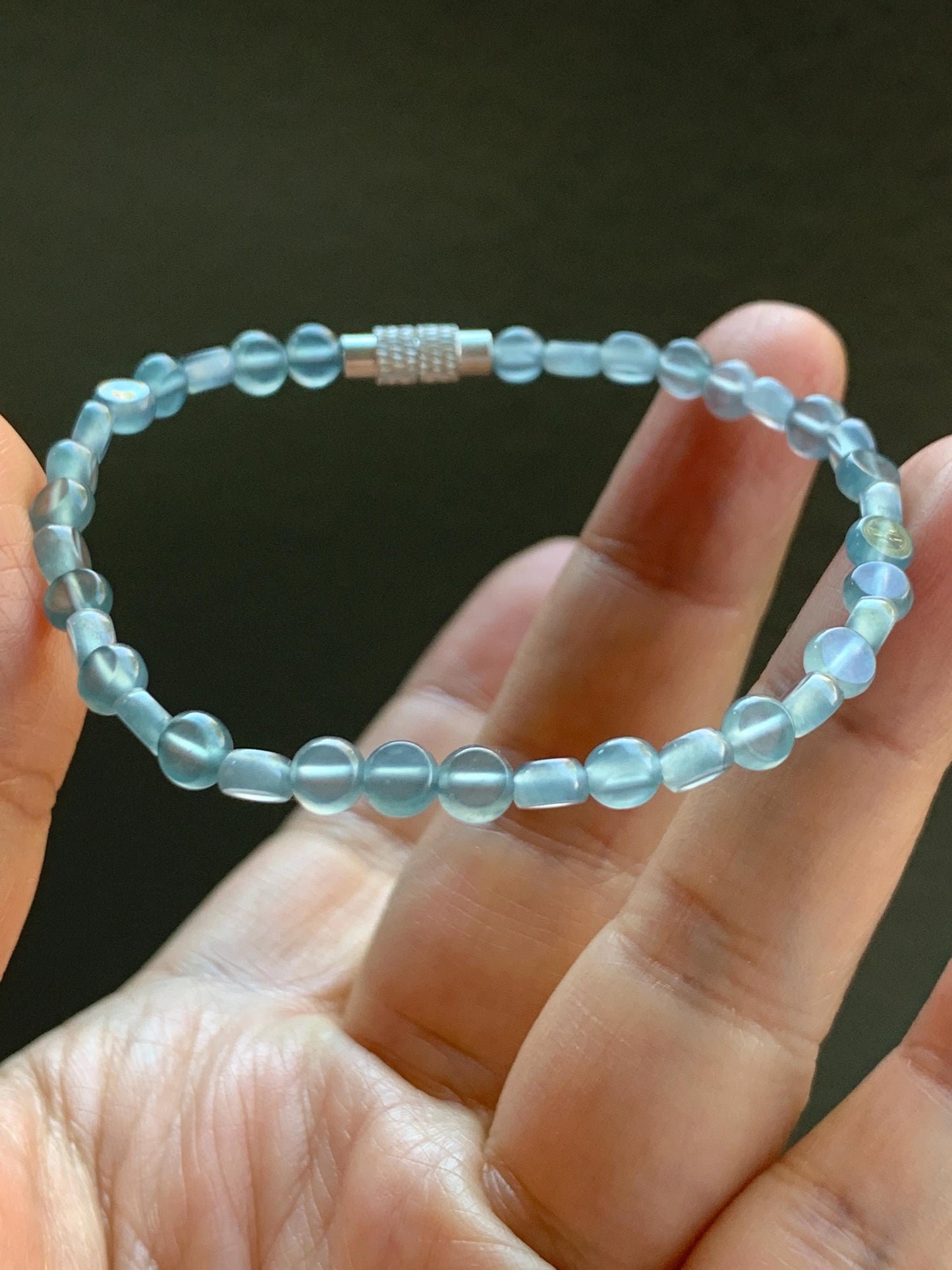 Natural Guatemalan Premium Icy Highly Translucent Pale Blue Jadeite Petite Coin Beads Beaded Bracelet 6.75” 4.5mm 4g 天然高冰危淡蓝翡翠小圆饼珠手串