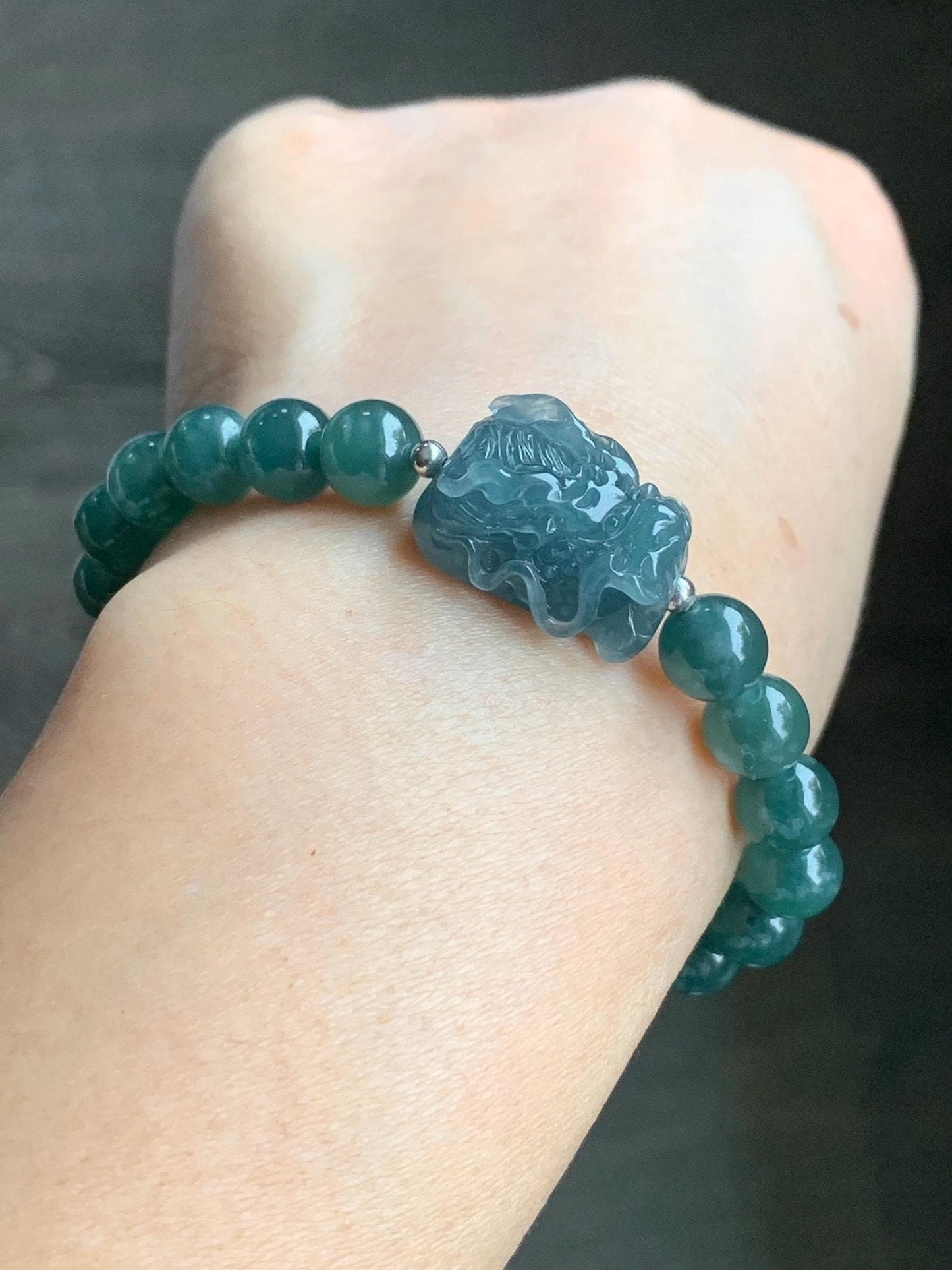 Natural Guatemalan Icy Highly Translucent Dusty Blue Jadeite Dragon Head Teal Blue Beaded Bracelet Sterling Silver 7” 24g 天然冰胶起光危蓝翡翠精工龙头圆珠手串
