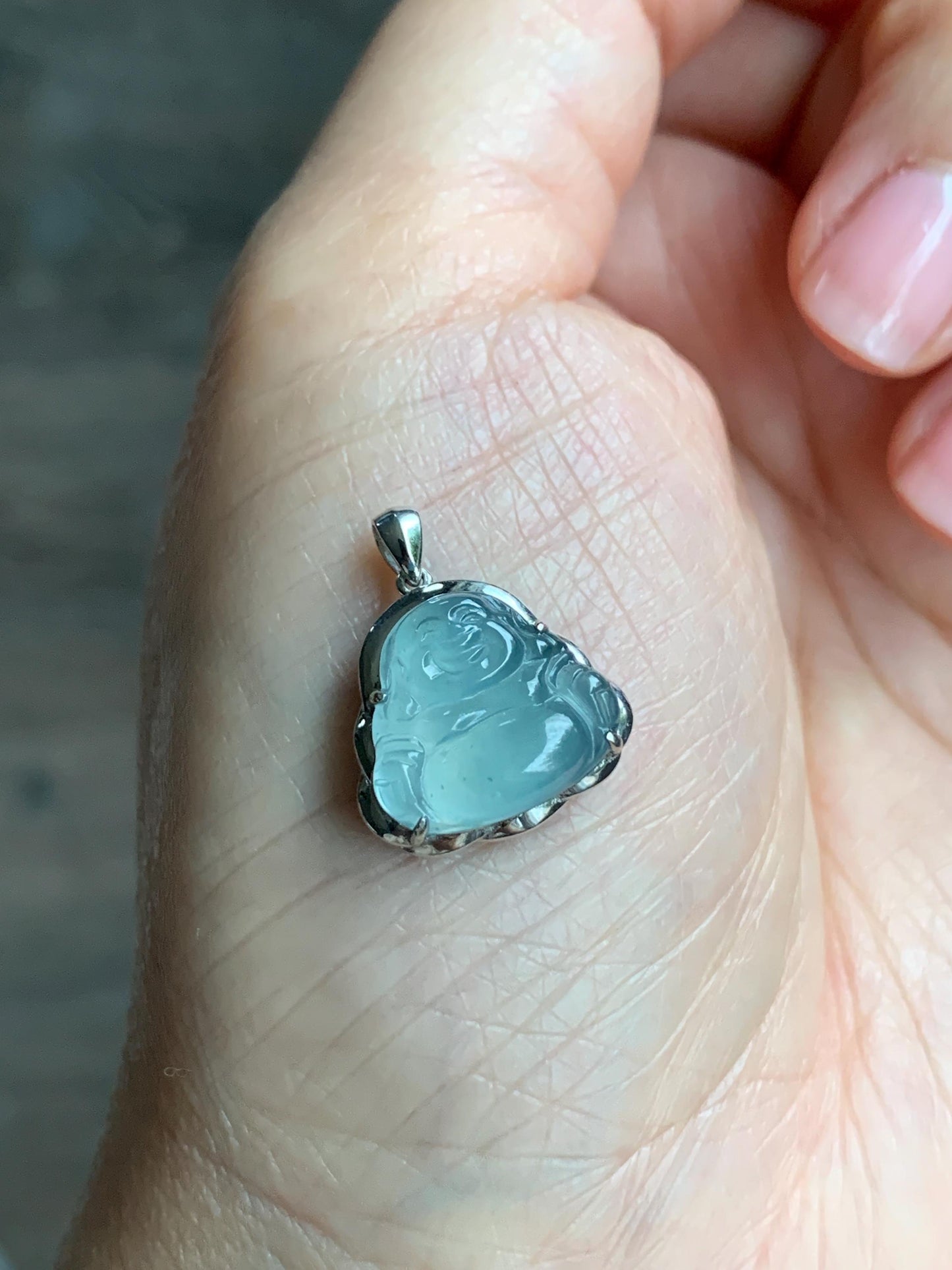 Certified Natural Guatemalan Icy Highly Translucent Light Teal Blue Jadeite Buddha Petite Pendant Sterling Silver 天然老种高冰危蓝绿翡翠起光佛公镶嵌吊坠 3024