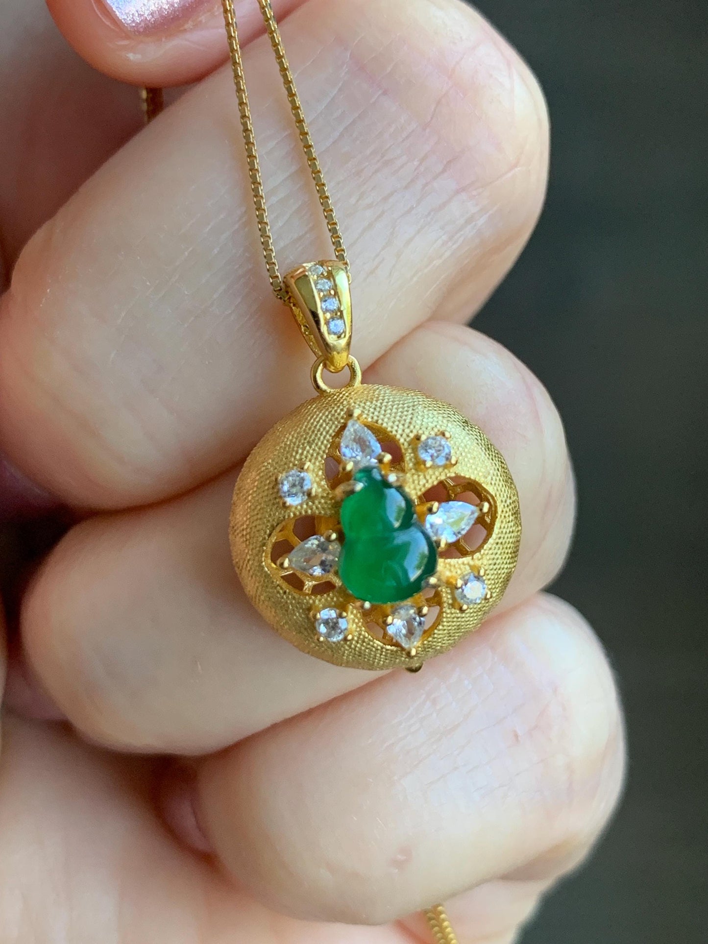 Natural Guatemalan Icy Translucent Vibrant Green Jadeite Hulu Gourd Locket Pendant S925 Sterling Silver Yellow Gold Overlay 天然高危冰绿翡翠葫芦镶嵌吊坠