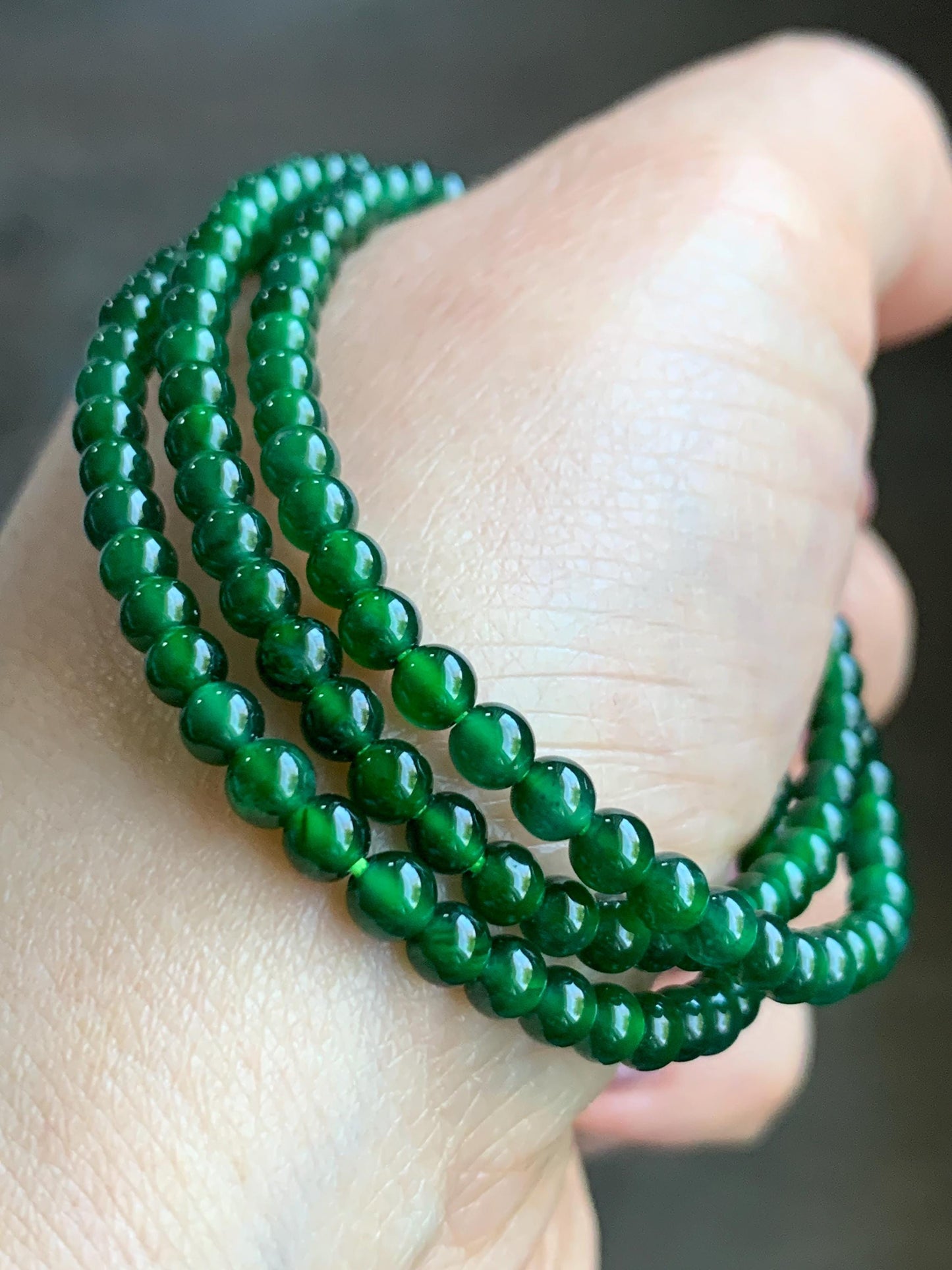 Certified Natural Guatemalan Icy Translucent Rich Green Jadeite Petite Round Beads Beaded Necklace 3.9mm 20.5" 14.27g 天然老种冰危绿翡翠小圆珠项链 7845