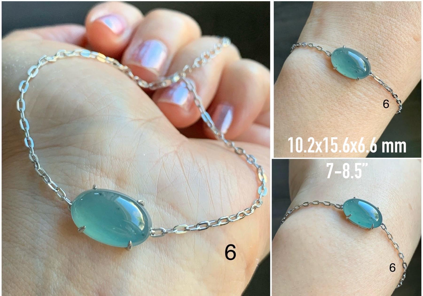 Natural Guatemalan Icy Highly Translucent Teal Blue Green Jadeite Solitaire Link Chain Bracelet Sterling Silver 7” Adjustable 天然冰危起光翡翠蛋面银镶手链