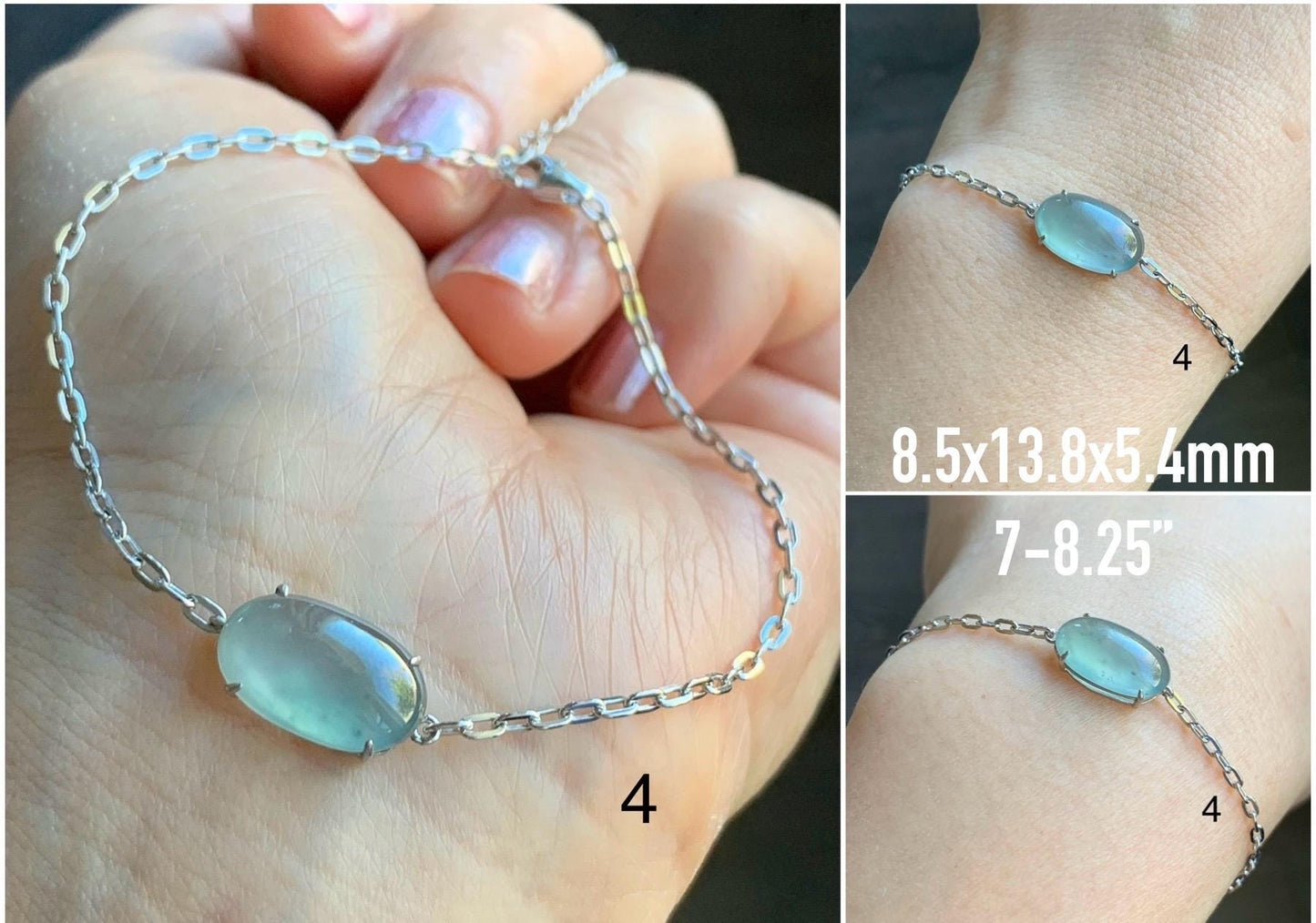 Natural Guatemalan Icy Highly Translucent Teal Blue Green Jadeite Solitaire Link Chain Bracelet Sterling Silver 7” Adjustable 天然冰危起光翡翠蛋面银镶手链