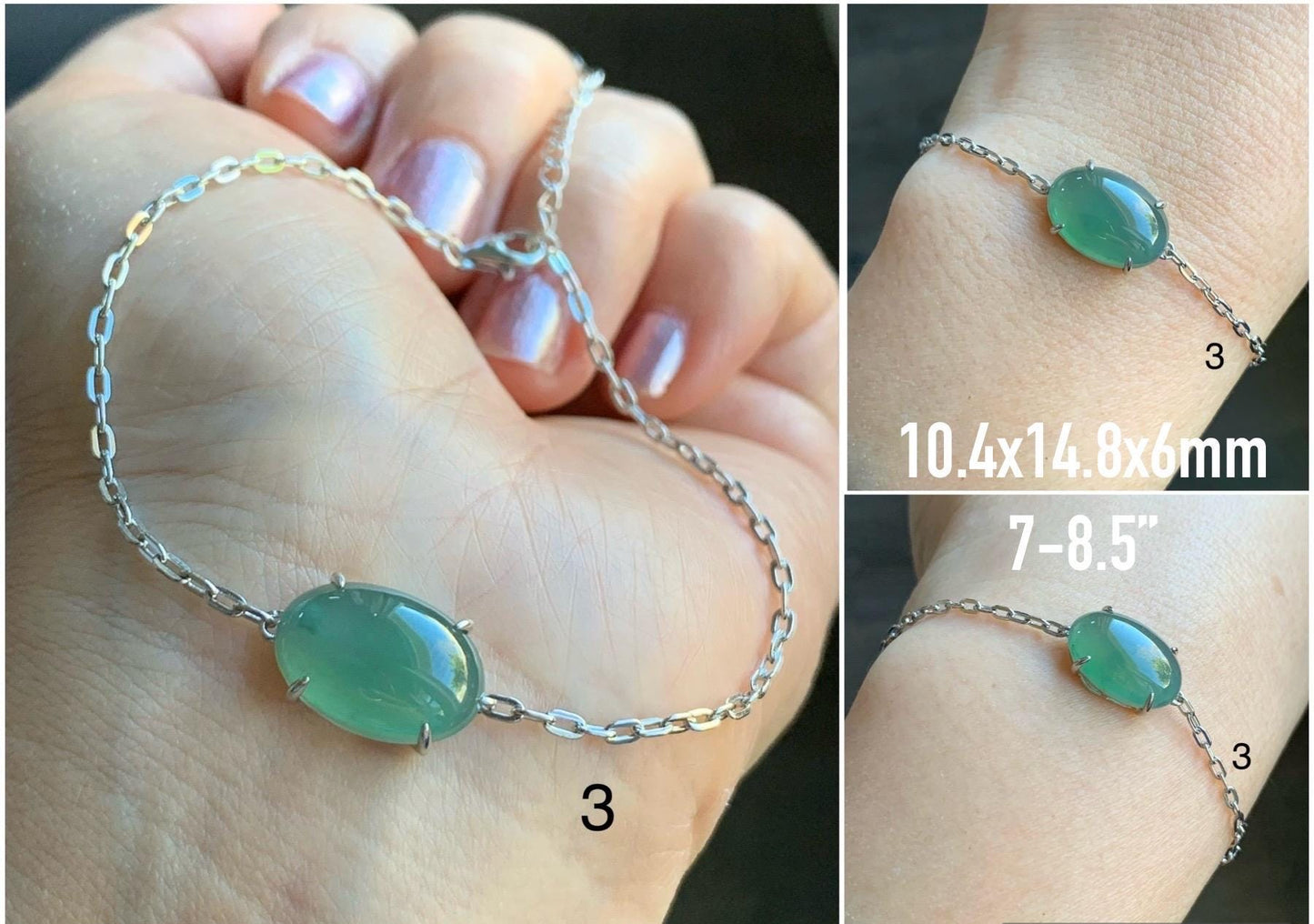 Natural Guatemalan Icy Highly Translucent Teal Blue Green Jadeite Solitaire Link Chain Bracelet Sterling Silver 7” Adjustable 天然冰危起光翡翠蛋面银镶手链