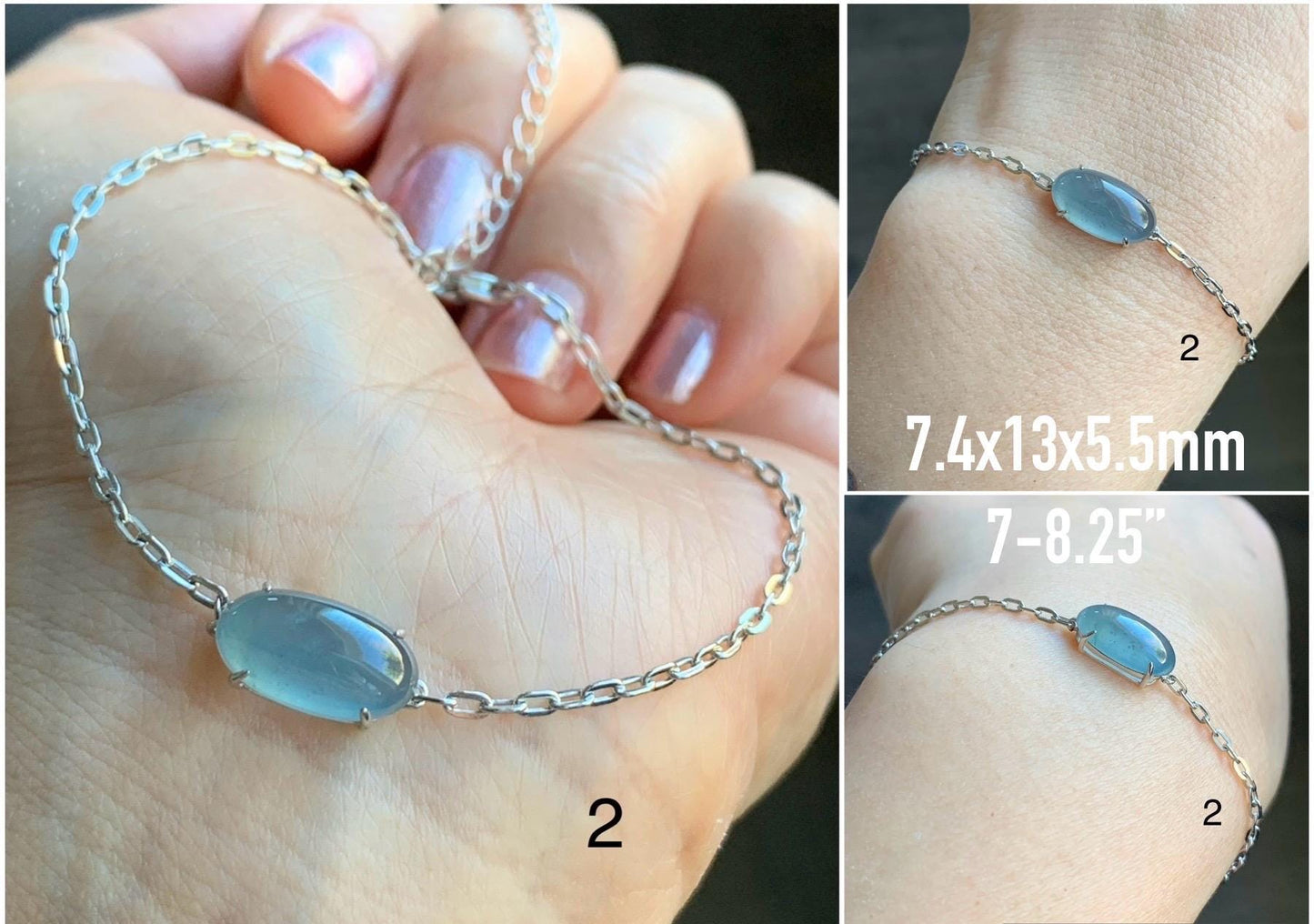 Natural Guatemalan Icy Highly Translucent Teal Blue Green Jadeite Solitaire Link Chain Bracelet Sterling Silver 7” Adjustable 天然冰危起光翡翠蛋面银镶手链