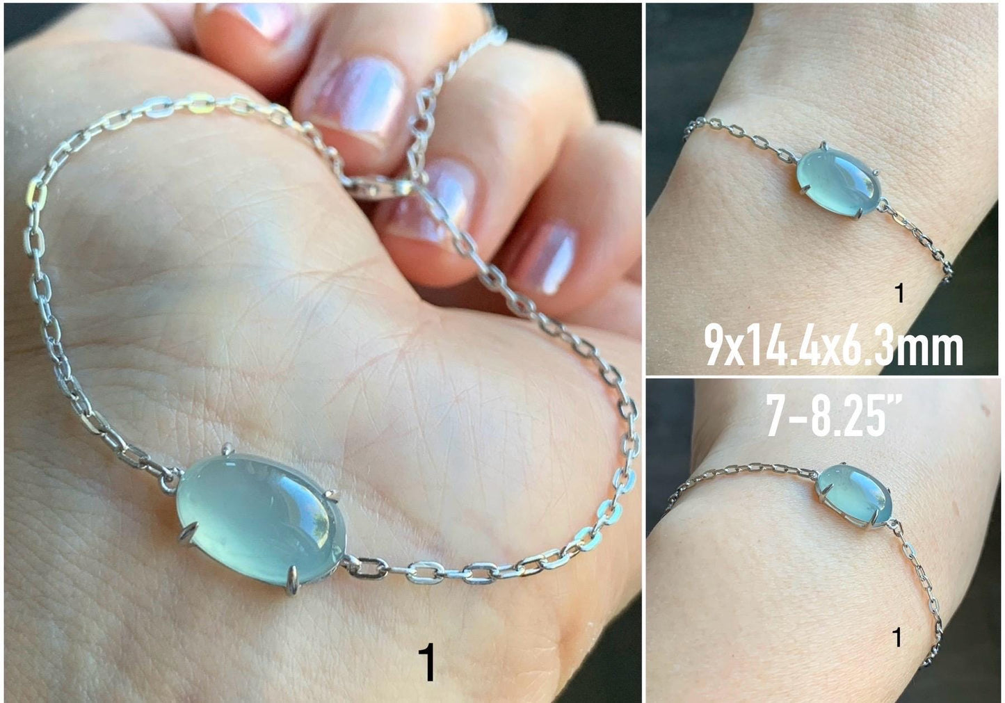 Natural Guatemalan Icy Highly Translucent Teal Blue Green Jadeite Solitaire Link Chain Bracelet Sterling Silver 7” Adjustable 天然冰危起光翡翠蛋面银镶手链