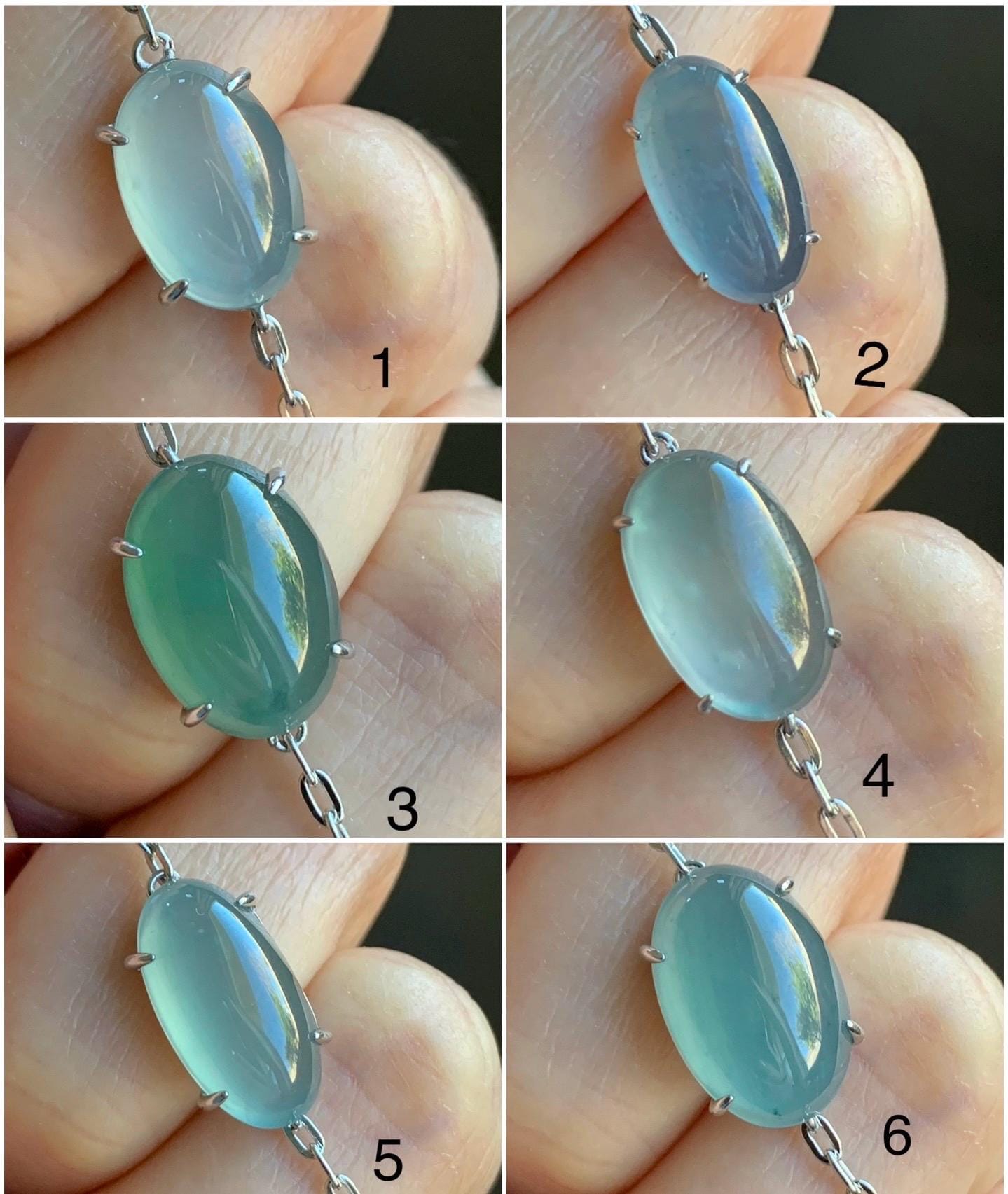 Natural Guatemalan Icy Highly Translucent Teal Blue Green Jadeite Solitaire Link Chain Bracelet Sterling Silver 7” Adjustable 天然冰危起光翡翠蛋面银镶手链