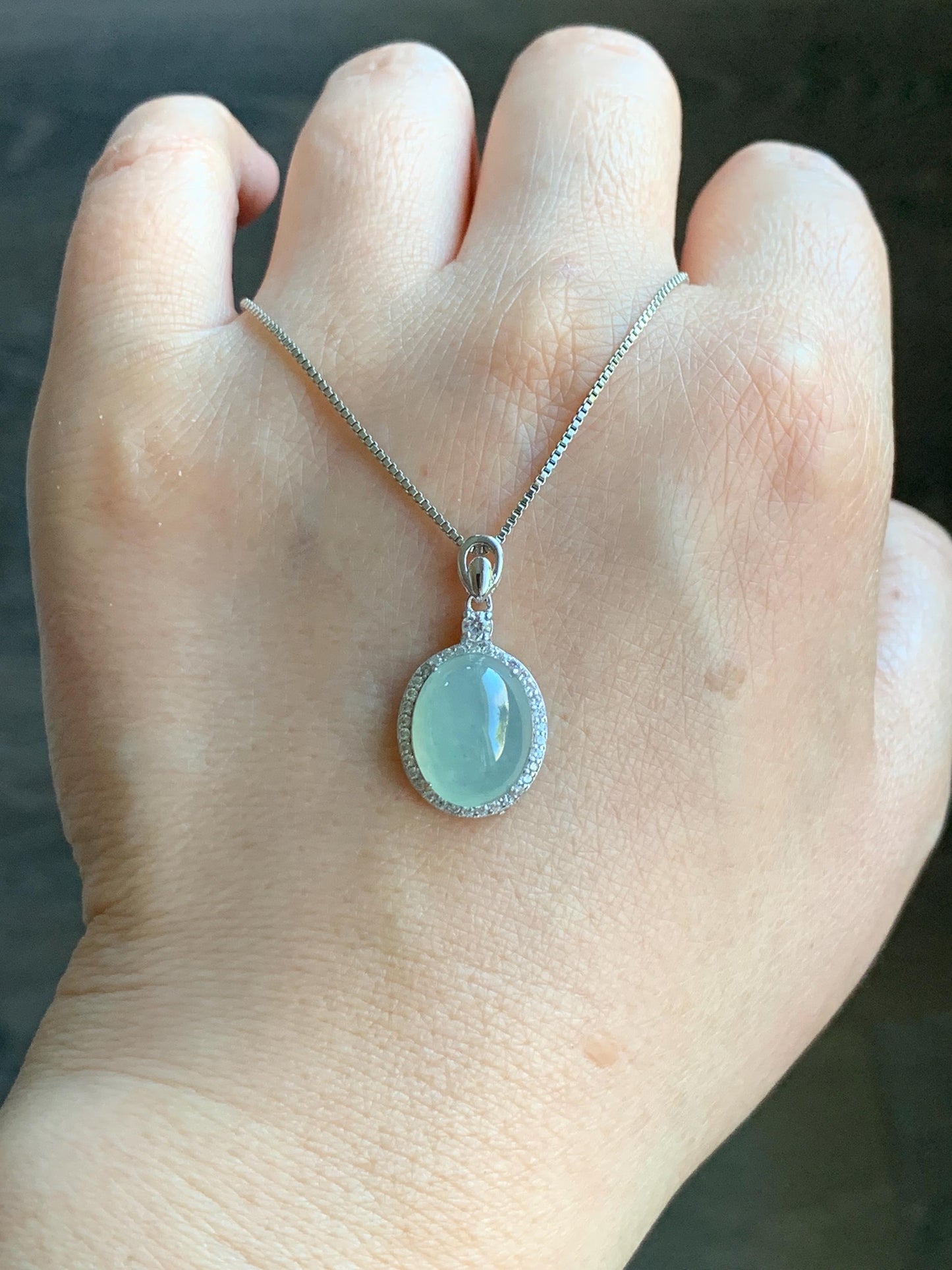 Natural Burmese Icy Highly Translucent Light Green Jadeite Oval Cabochon Pendant Sterling Silver 天然缅甸冰晴起光翡翠镶嵌吊坠