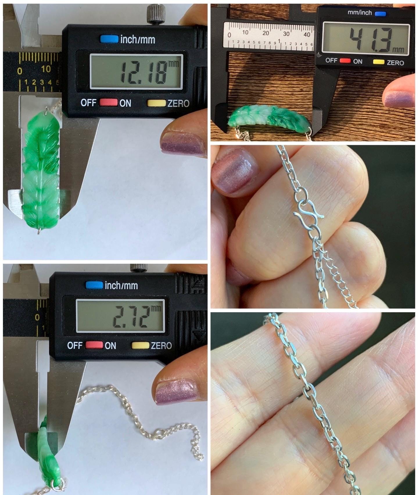 Natural Burmese Translucent Vibrant Green Marbled Jadeite Carved Feather Chain Bracelet 999 Sterling Silver 6.75”-7.75” 5g 天然缅甸辣绿飘花翡翠羽毛足银手链