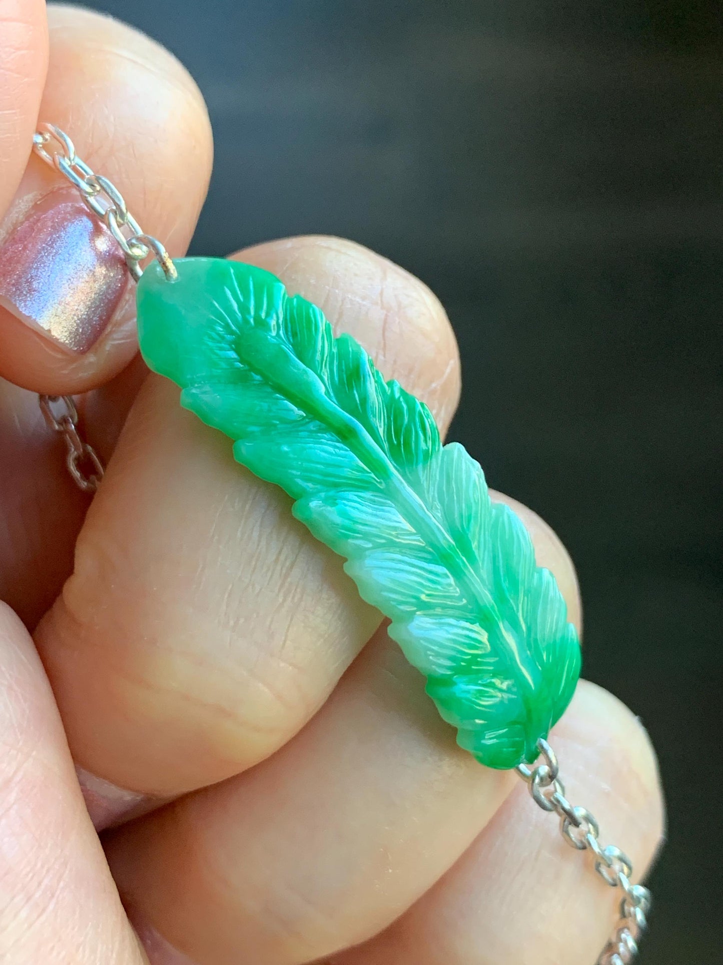 Natural Burmese Translucent Vibrant Green Marbled Jadeite Carved Feather Chain Bracelet 999 Sterling Silver 6.75”-7.75” 5g 天然缅甸辣绿飘花翡翠羽毛足银手链